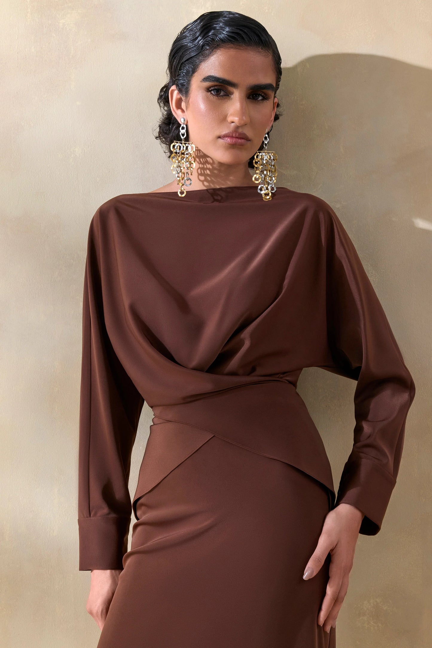 Miravia Brown Satin Wide-Neck Long-Sleeve Top