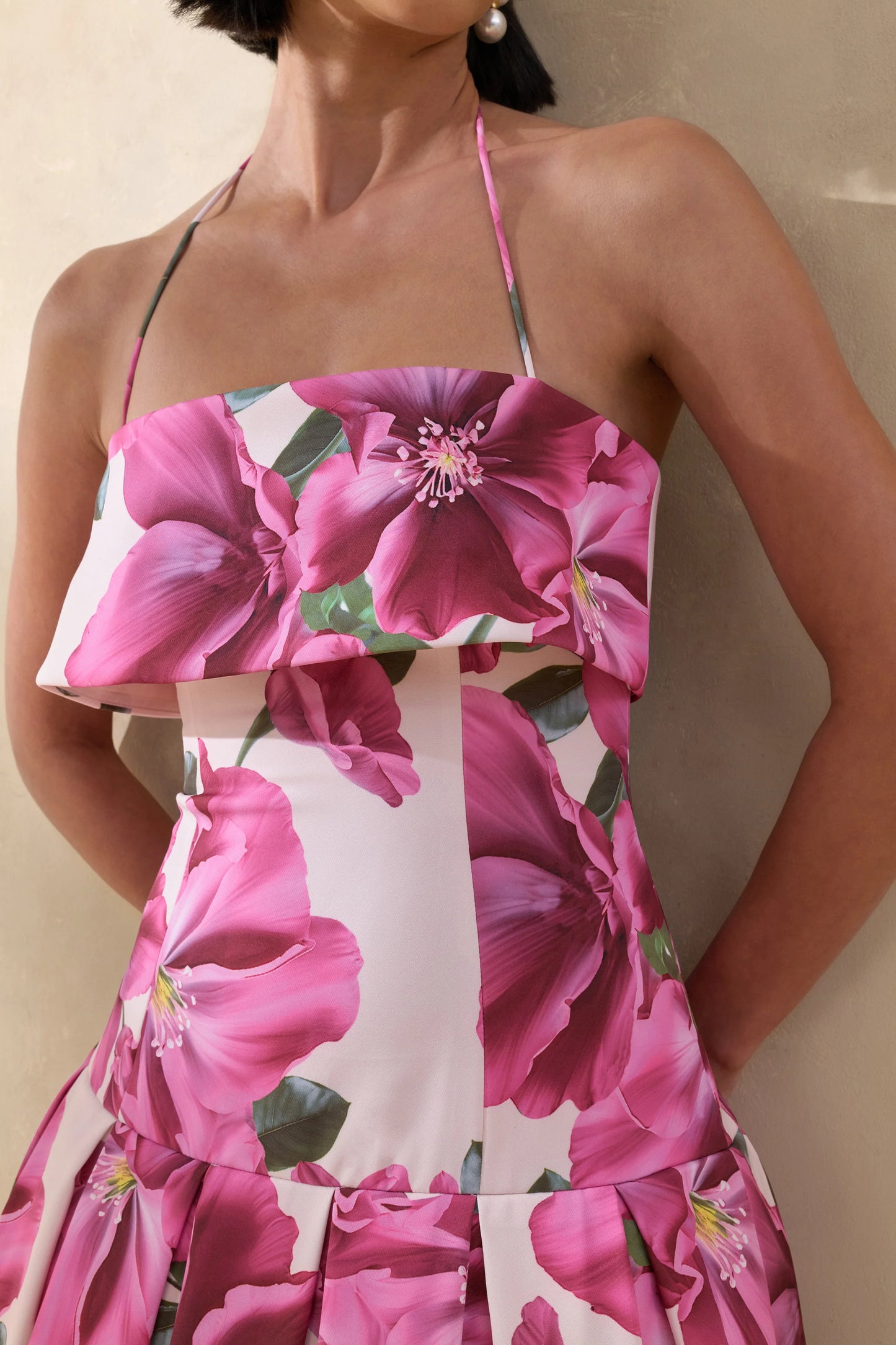 Sylina Pink Hibiscus Floral Print Square-Neck Midi Dress With Drop Waist