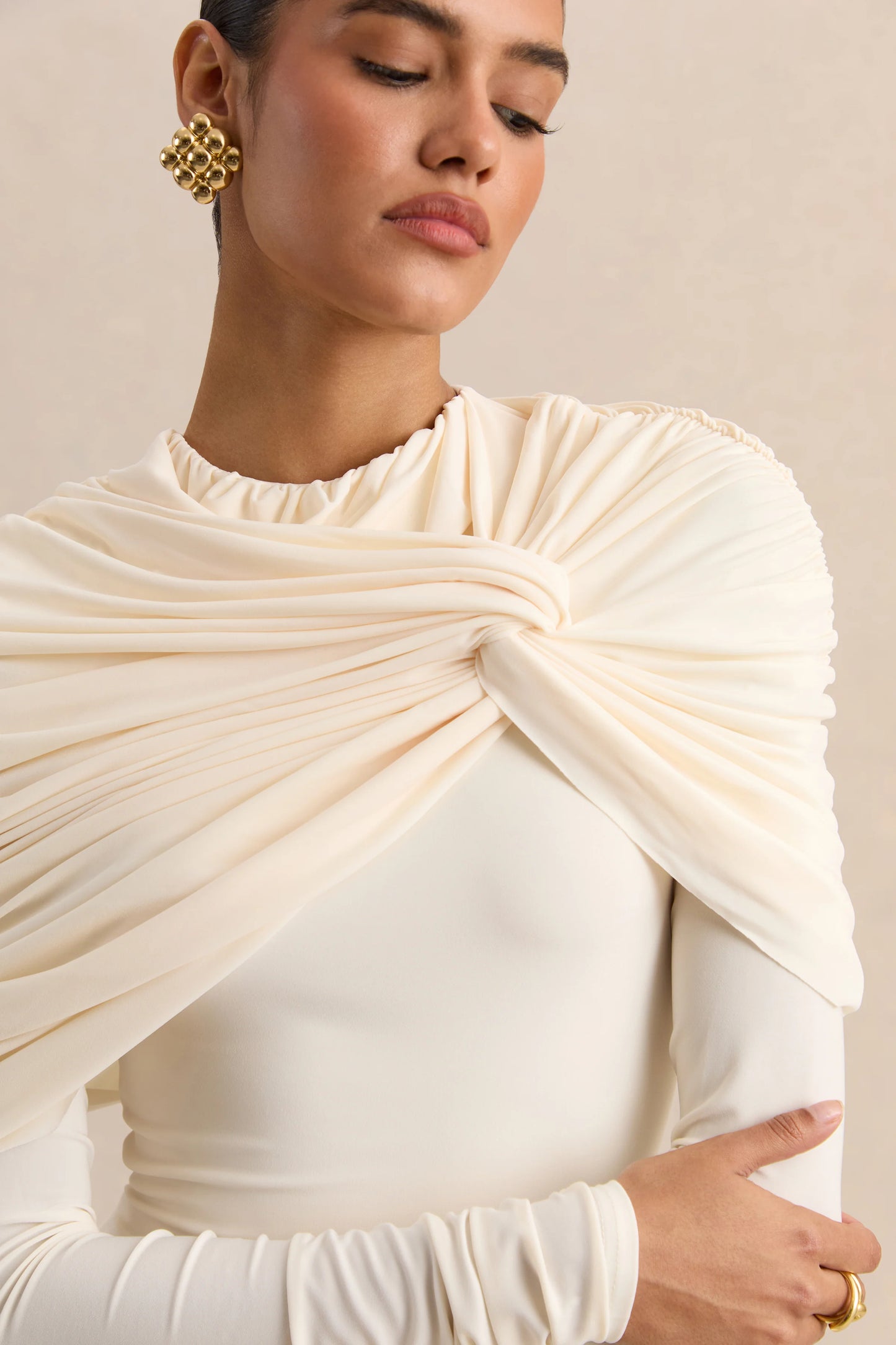 Evessa Cream Crew-Neck Maxi Dress With Gathered-Detailing