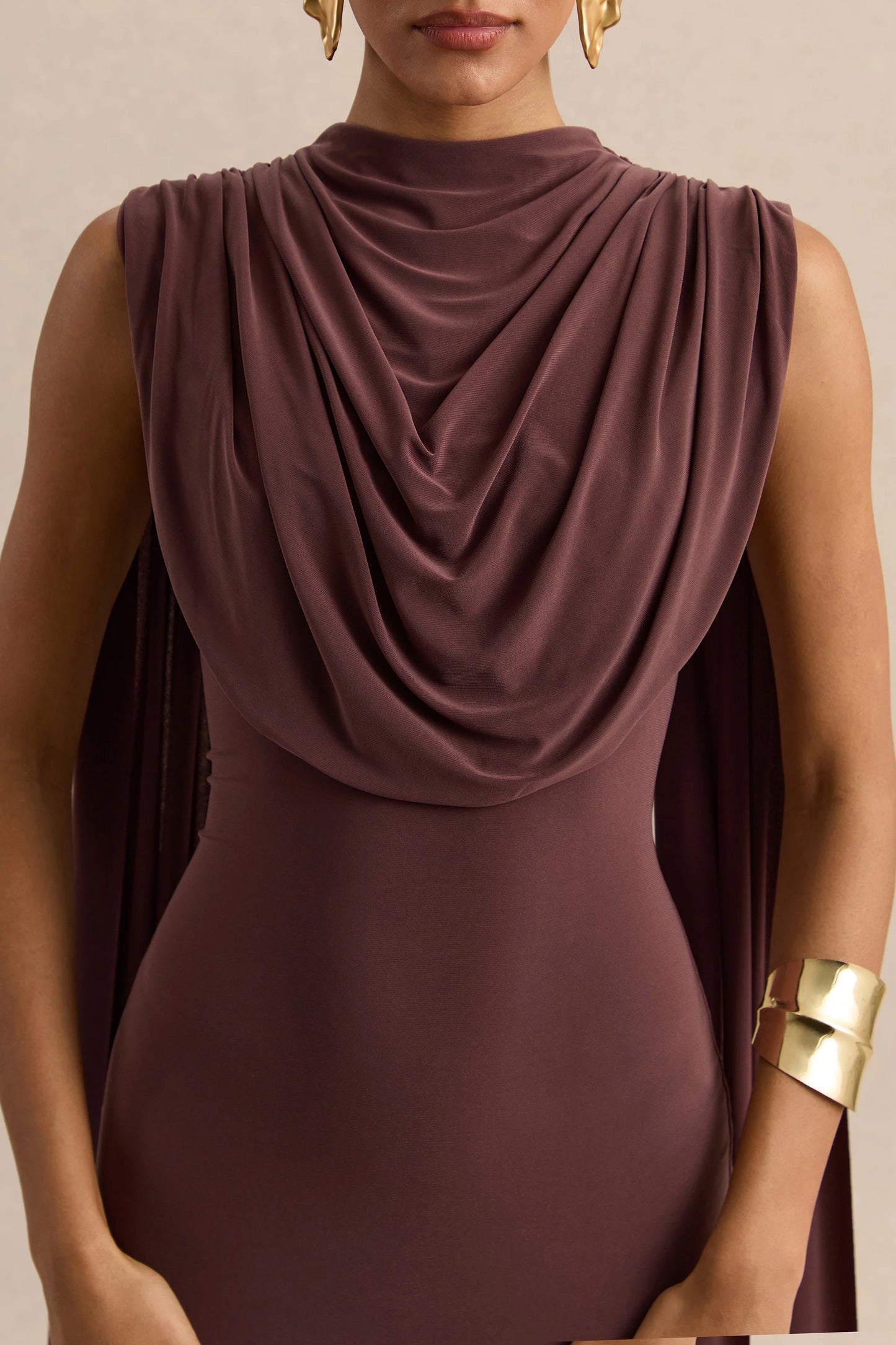 Patrina Brown High-Neck Maxi Dress With Draped-Detailing And Cape-Sleeves