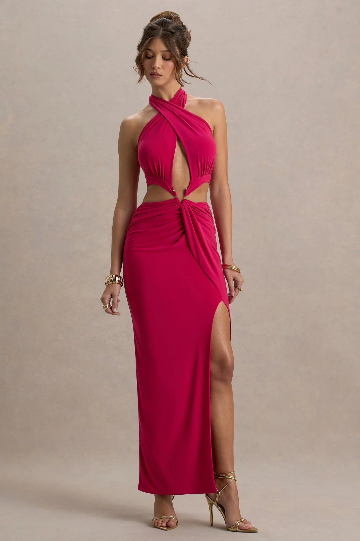 Aura Hot Pink Halter-Neck Cut-Out Split Maxi Dress