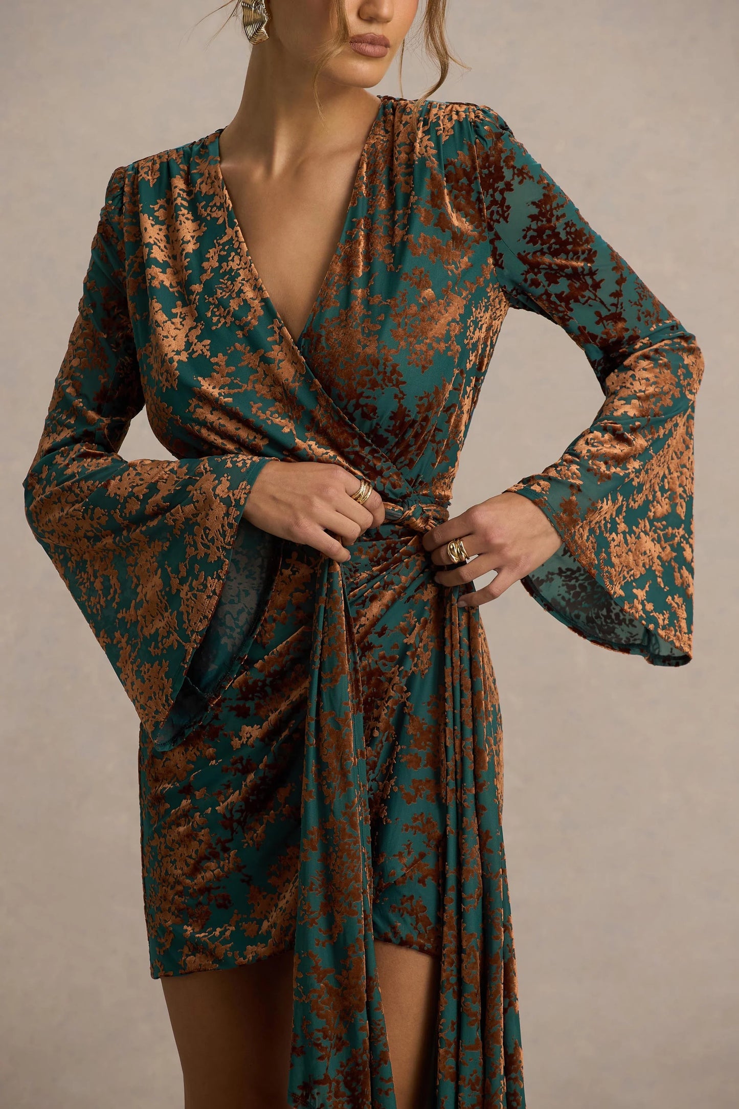 Dimitra Dark Green And Brown Velvet Devore Plunge-Neck Wrap Mini Dress
