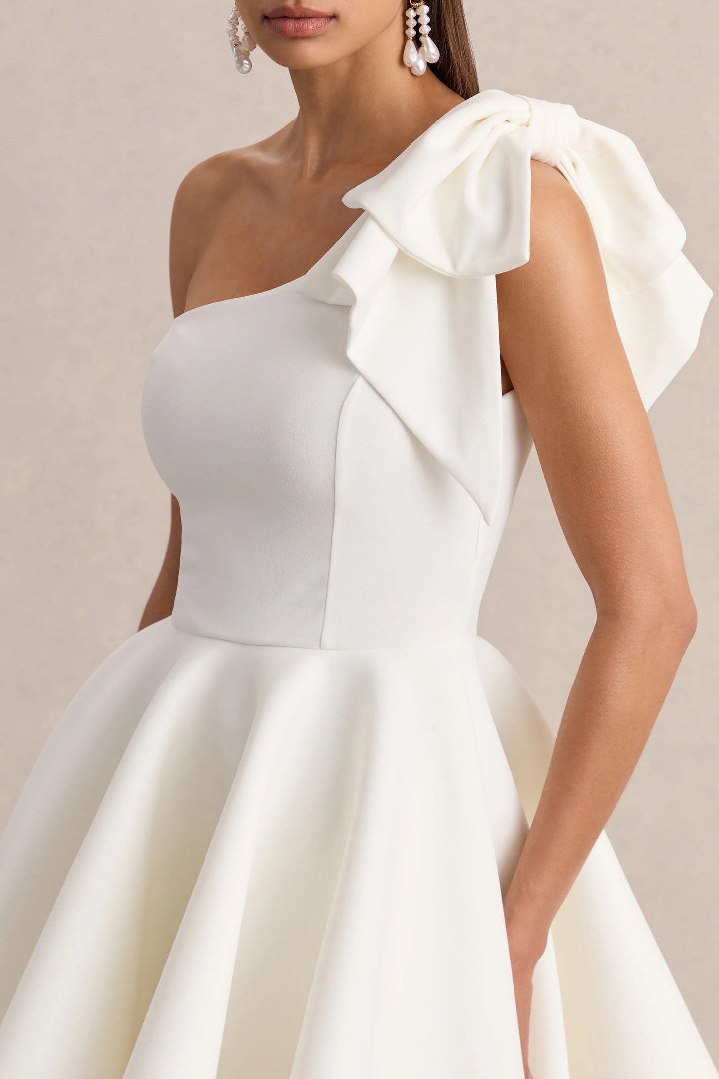 Prosperity White Asymmetric-Neck Mini Dress With Bow Detail