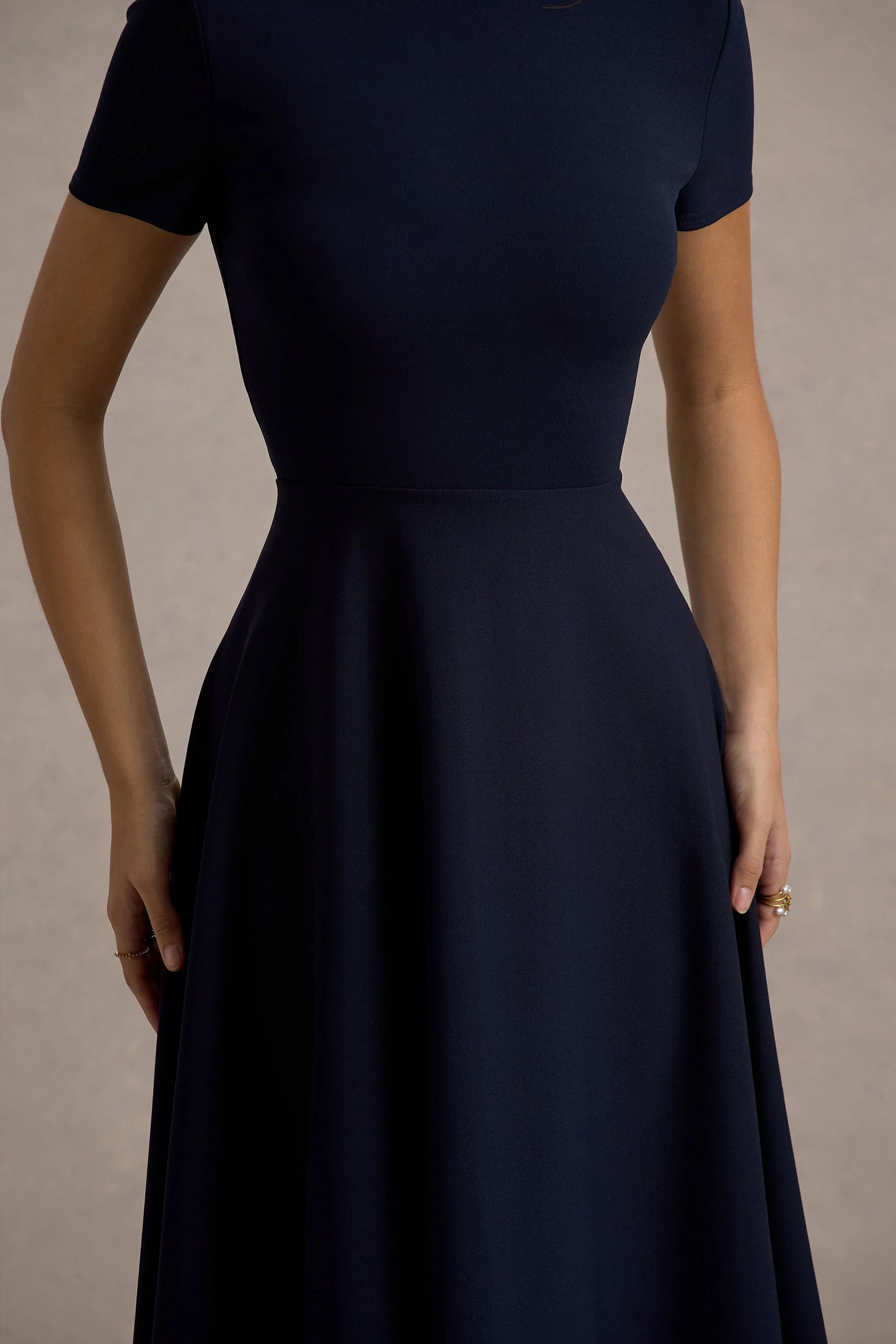 Bellona Navy High-Neck High-Low Midi Dress