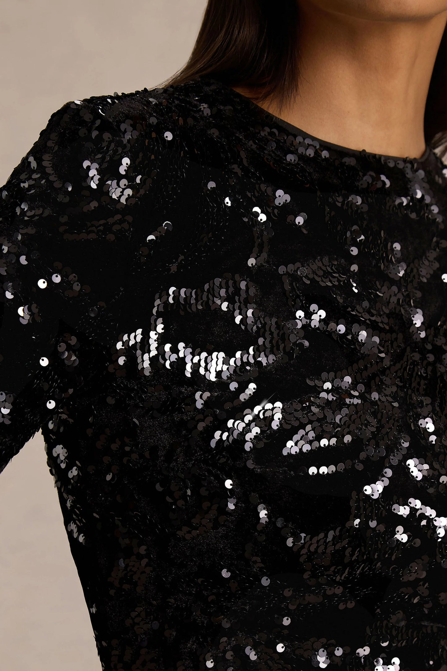 Stardust Black Sequined Velvet Crew-Neck Mini Dress With Feather Trim