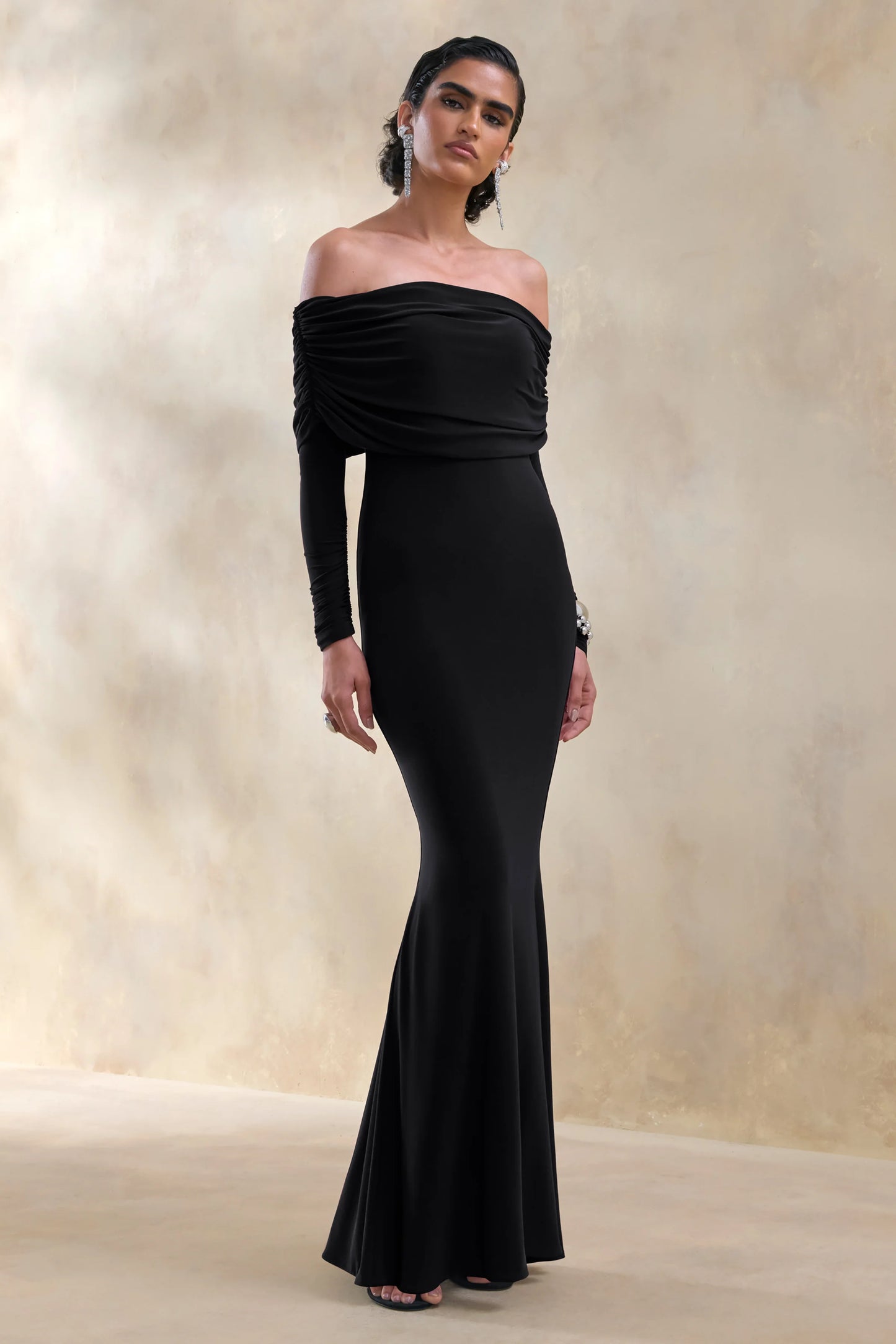 Brisea Black Bardot-Neck Maxi Dress