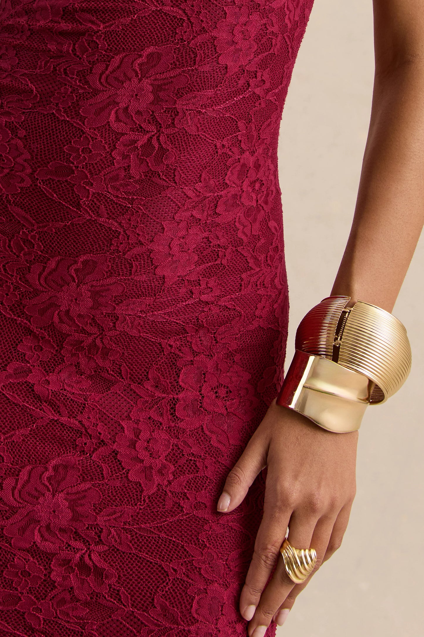 Afina Burgundy Lace Asymmetric-Neck Maxi Dress