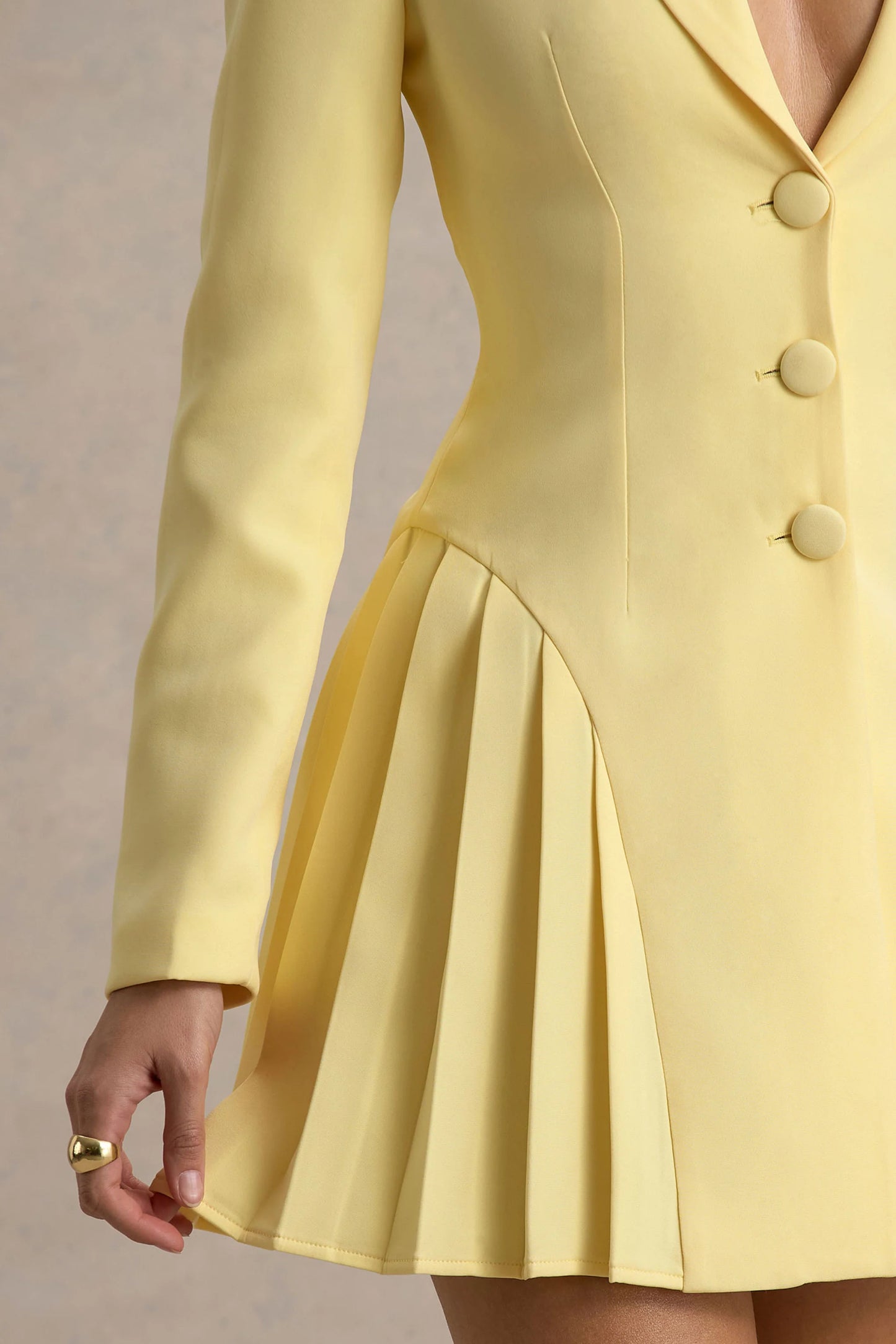 Blossoming Lemon Plunge-Neck Tailored Mini Dress With Pleating