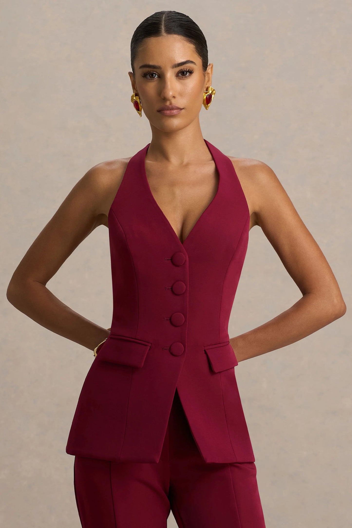 Tecla Burgundy Button-Up Tailored Waistcoat