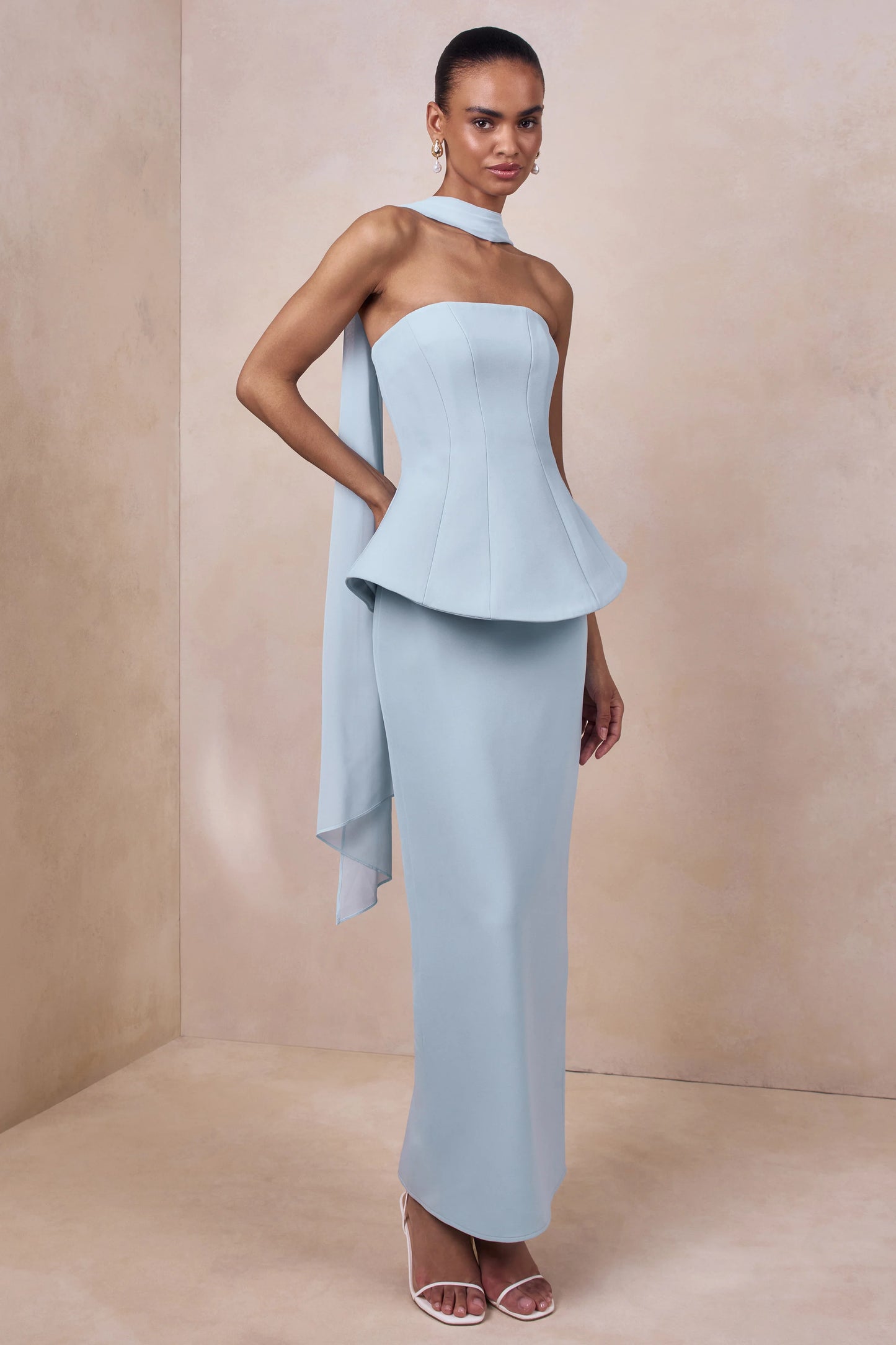 Farron Powder Blue Bandeau Corset Maxi Dress