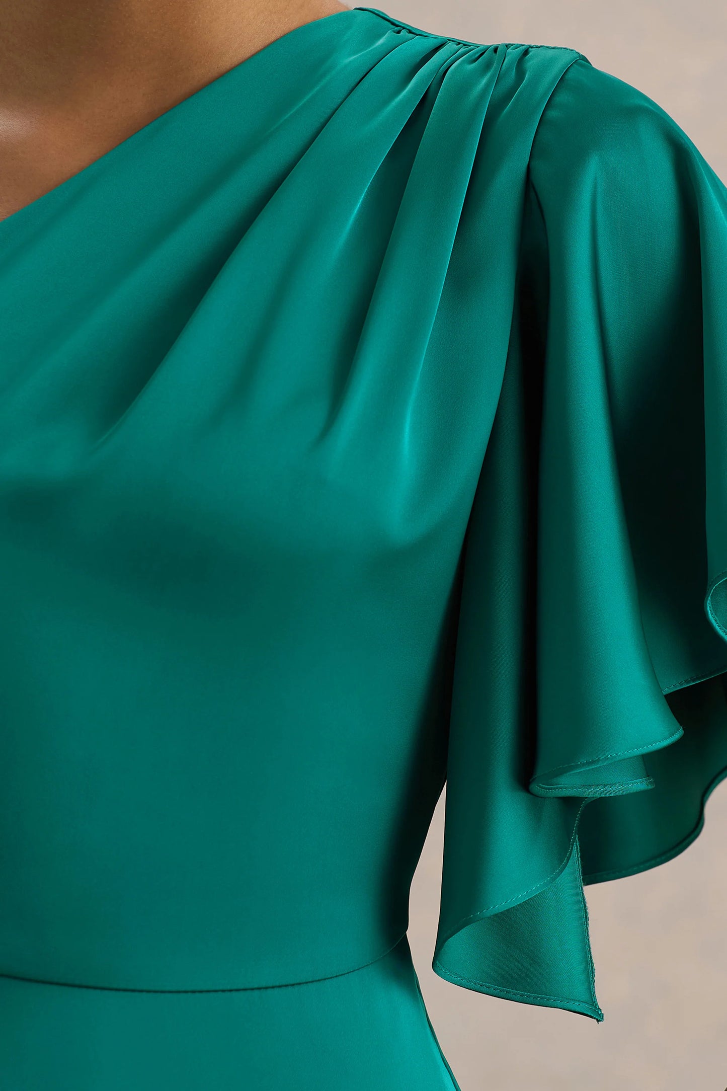 Unforgettable Bottle Green Asymmetric-Neck Maxi Dress With Ruffled Detailing
