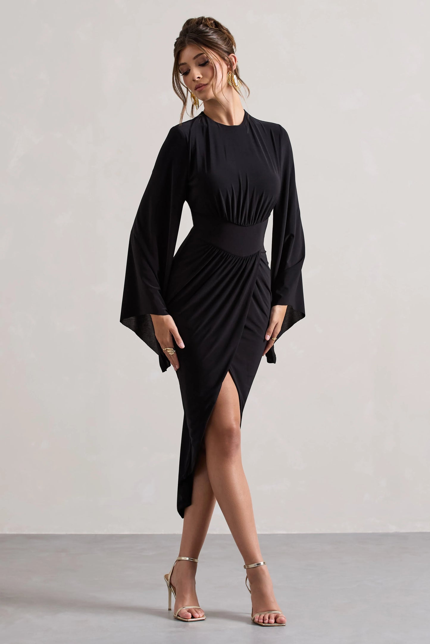 Lennox Black Drape-Sleeve Gathered Midi Dress