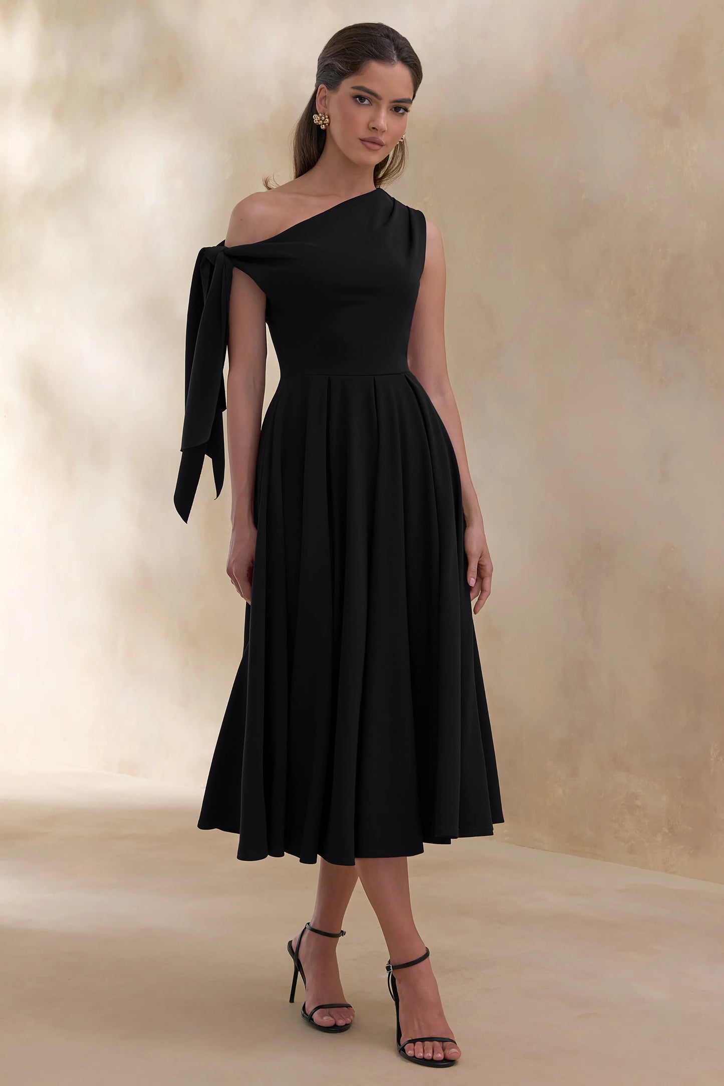 Daring Black Asymmetric-Neck Midi Dress With Knot-Detail