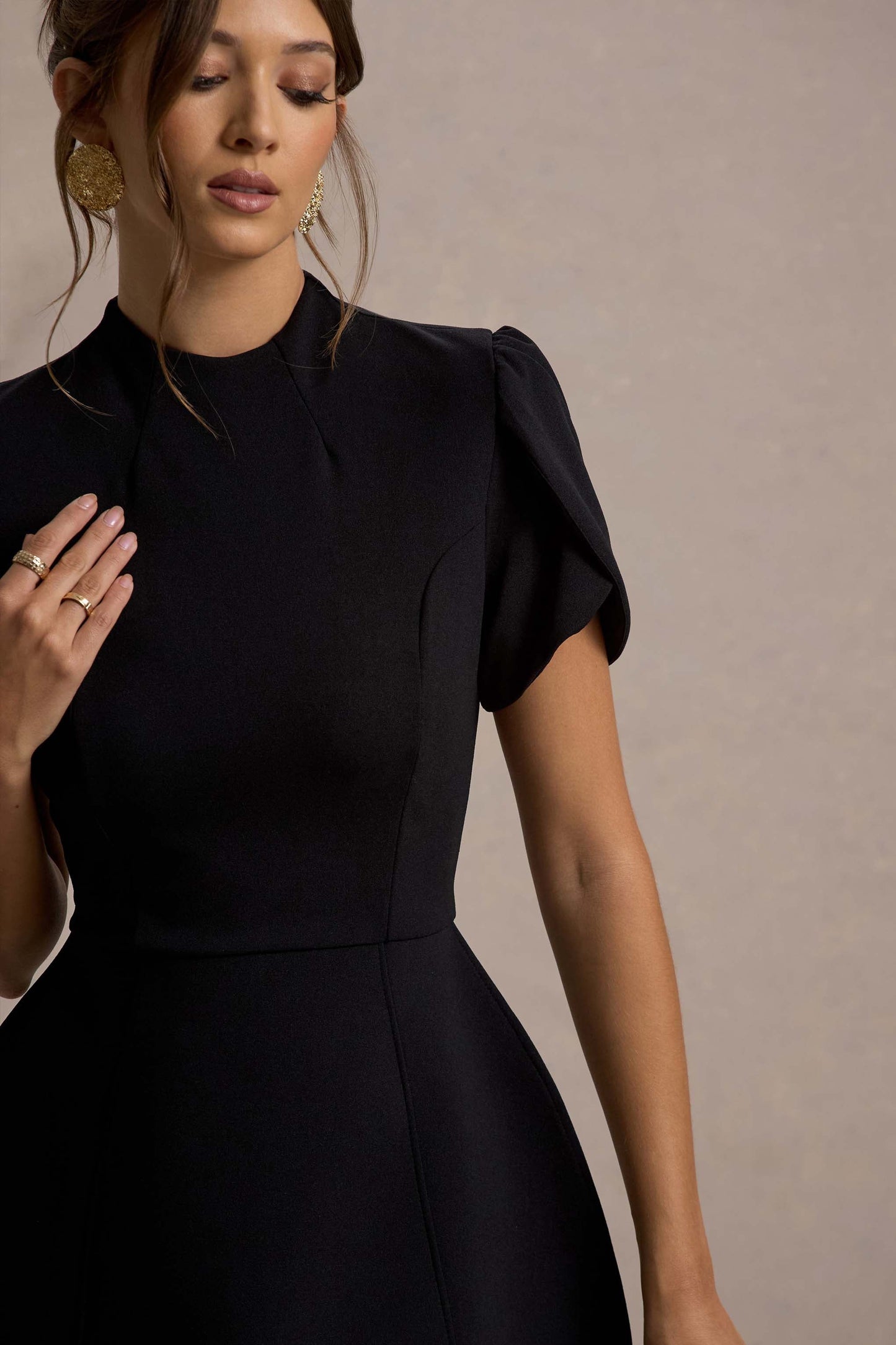 Carabella Black High-Neck Short-Sleeve Mini Dress
