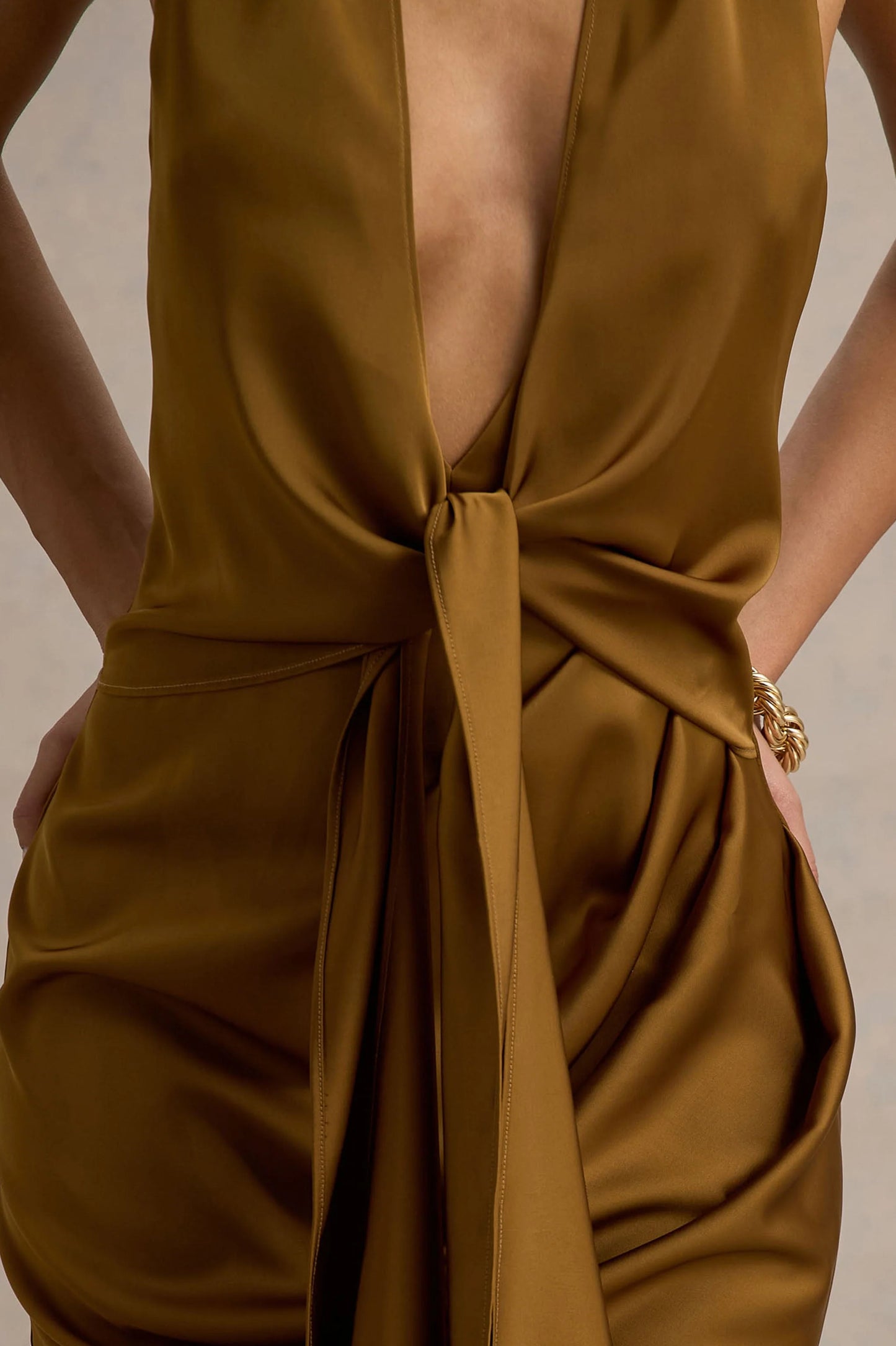 Lynette Olive Satin Plunge-Neck Maxi Dress With Asymmetric Hem