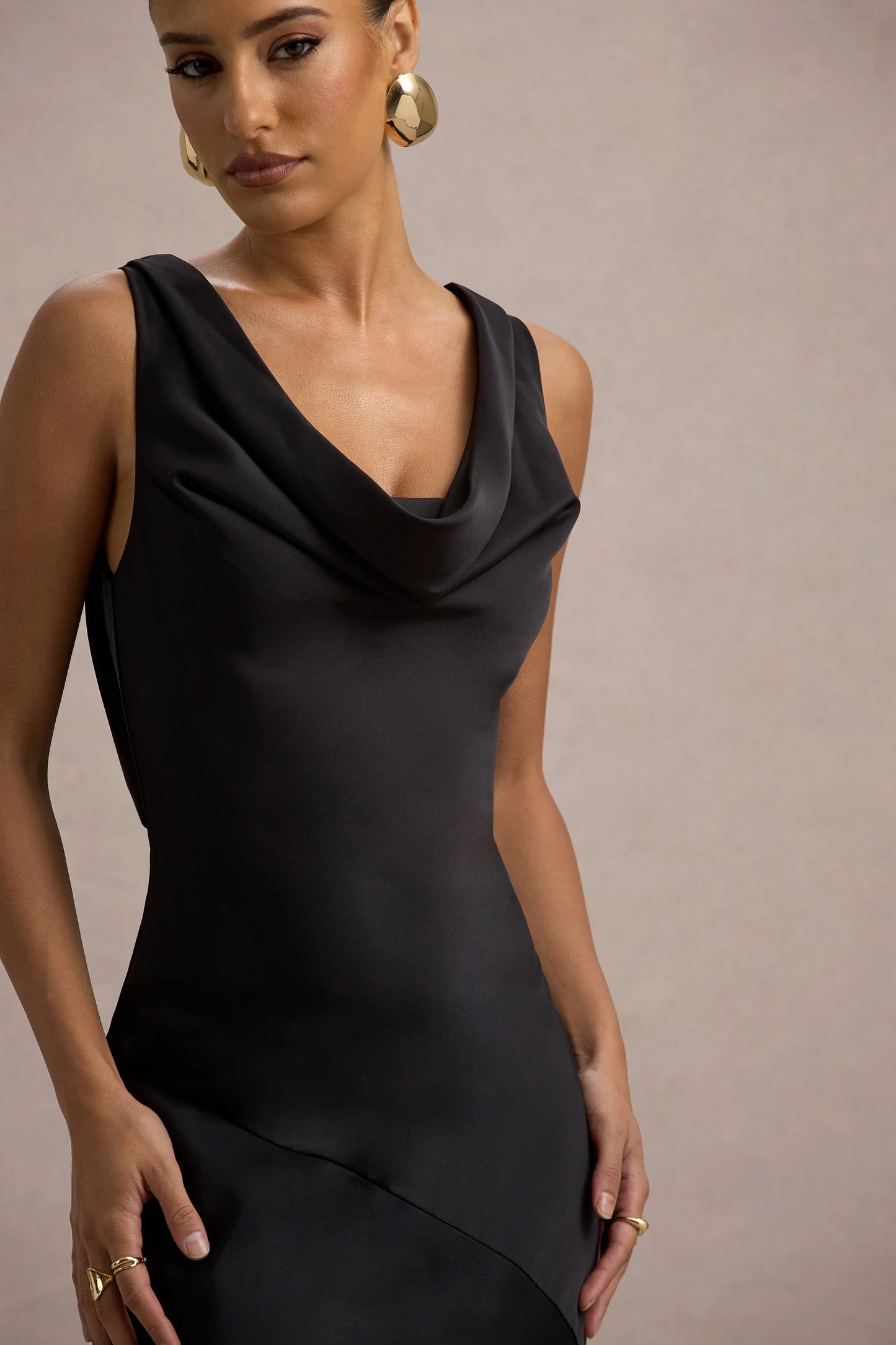 Alesso Black Satin Cowl-Neck Slip-Maxi Dress