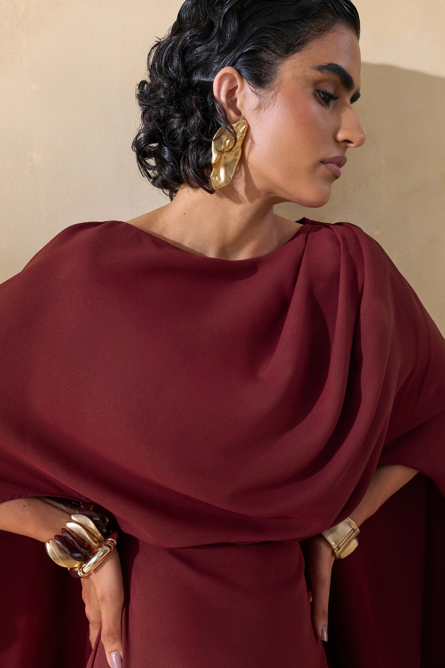 Pristina Burgundy Boat-Neck Woven Maxi Dress With Cape Detail