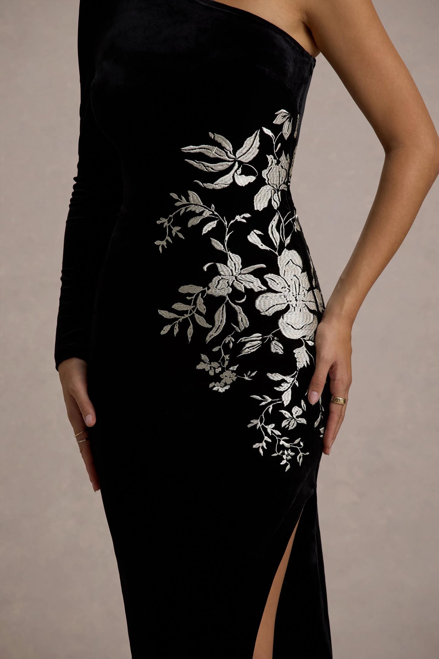 Chance Black Embroidered Velvet One-Sleeve Maxi Dress