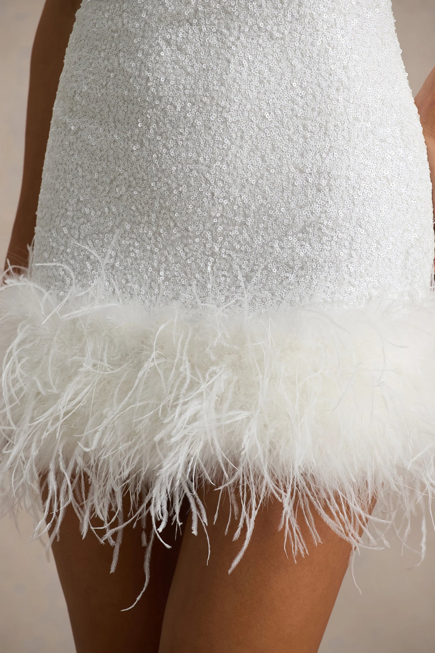 Rosalinda White Sequin Square-Neck Mini Dress With Feather Trim