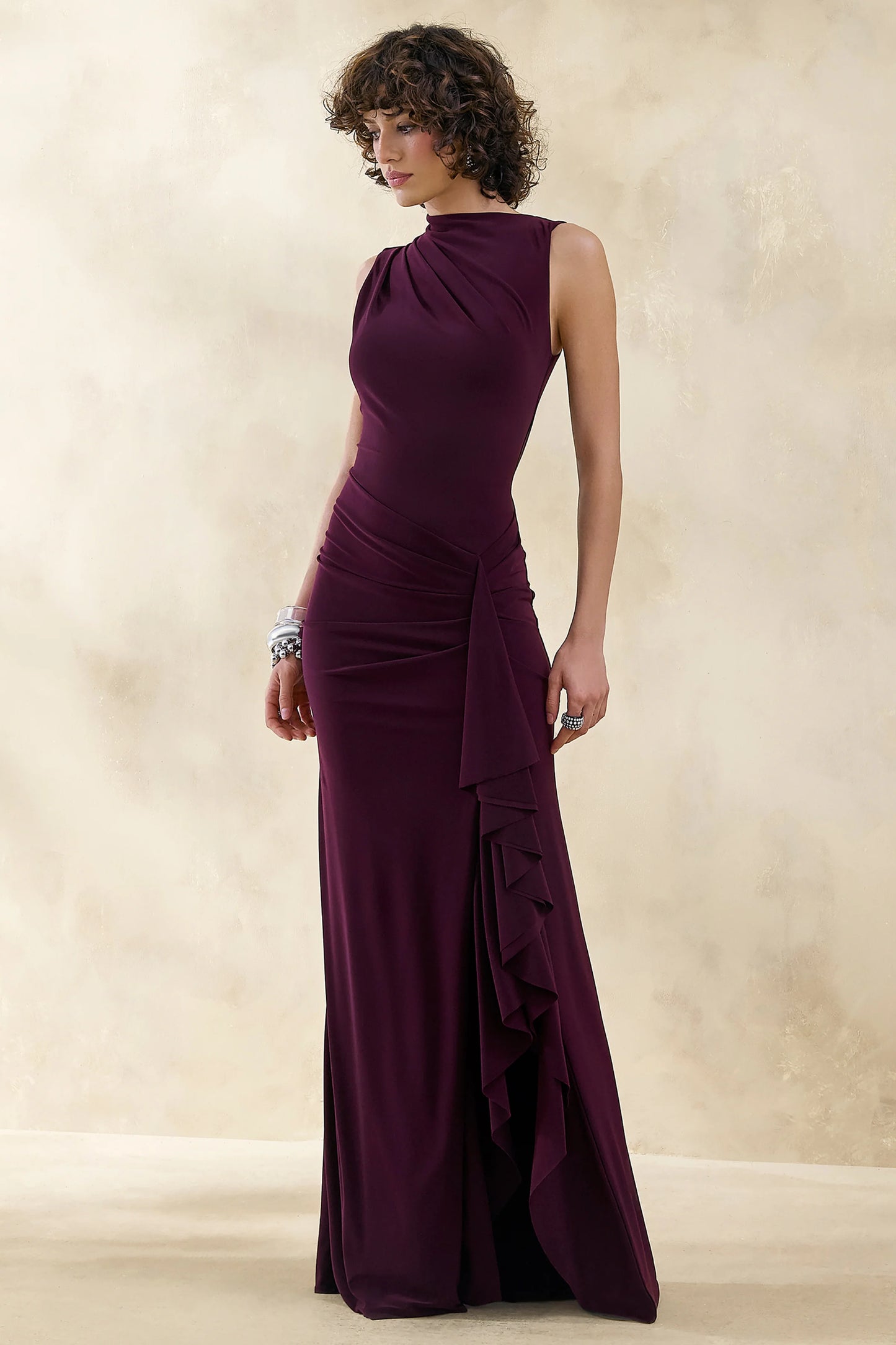 Helessia Dark Plum Asymmetric-Neck Maxi Dress With Gathered-Detailing And Sash