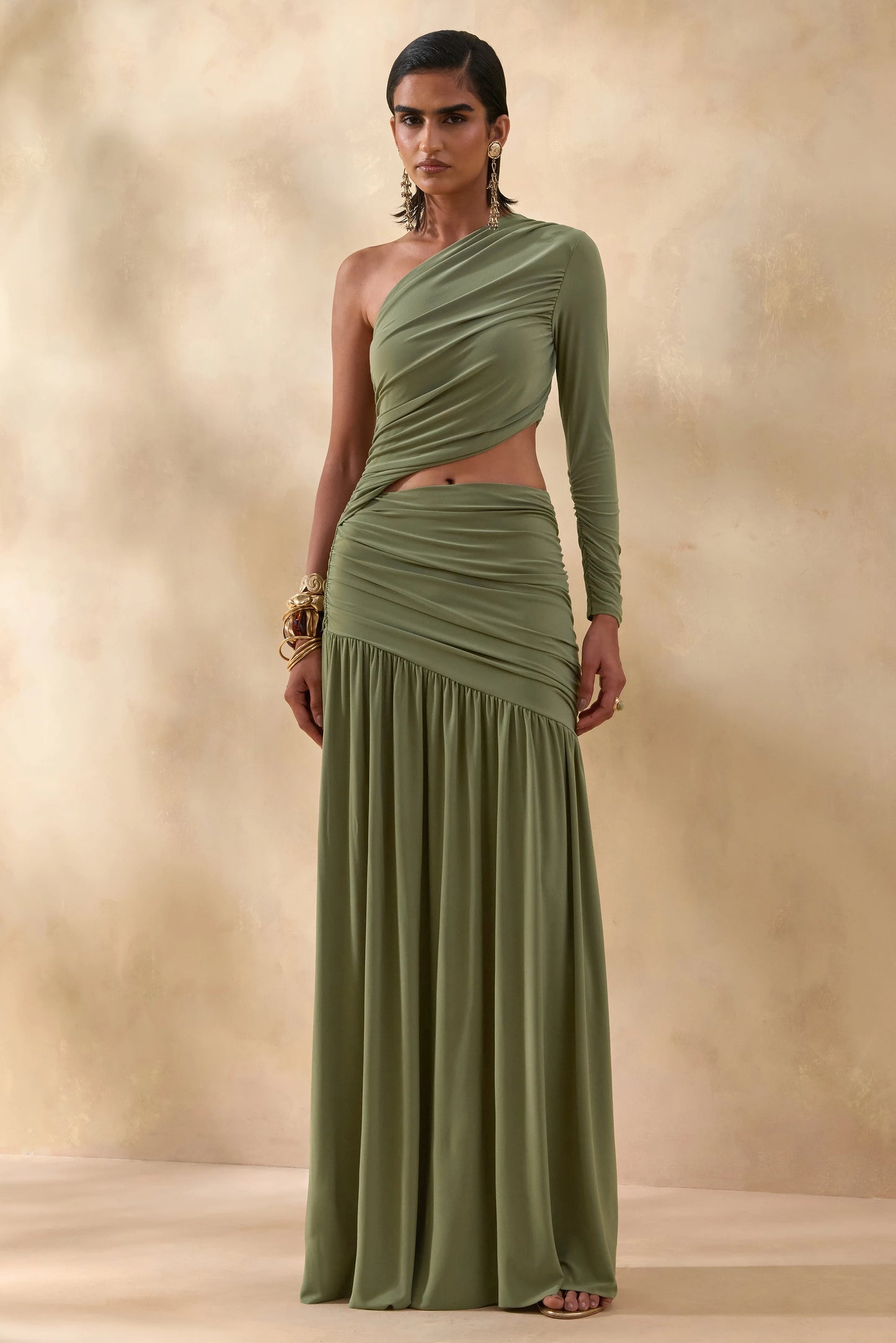 Kinsley Olive Asymmetric-Neck Maxi Dress With Body Cut-Out Detail