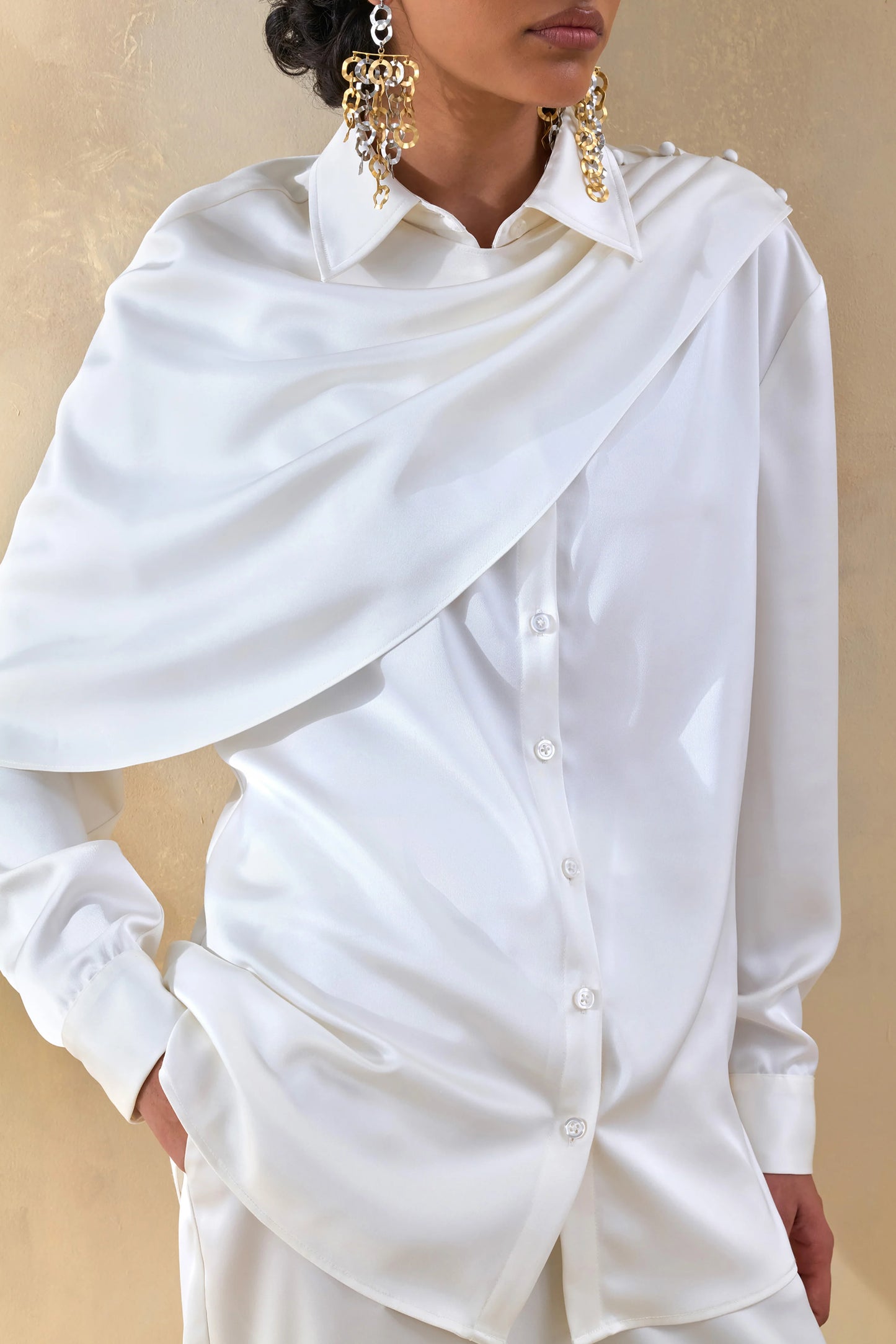 Serenza Cream Satin Collared-Shirt With Cape-Detail