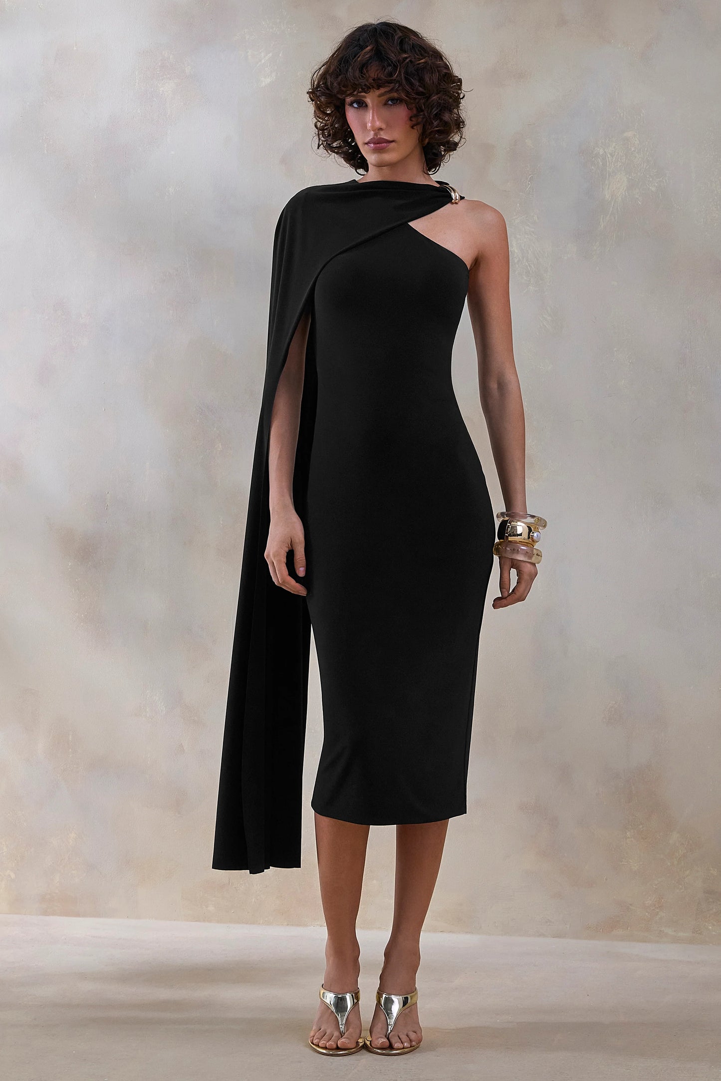 Misoria Black High-Neck Midi-Dress With Cape-Sleeve