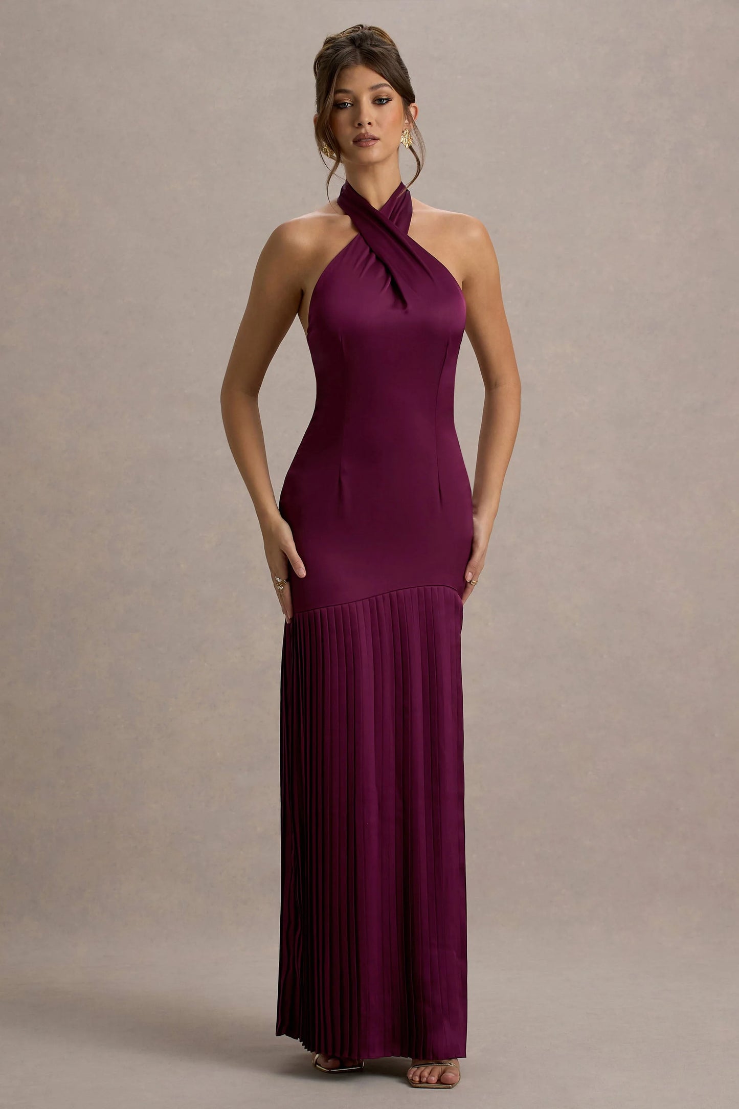 Sansa Burgundy Satin Cross Halter-Neck Plisse Maxi Dress