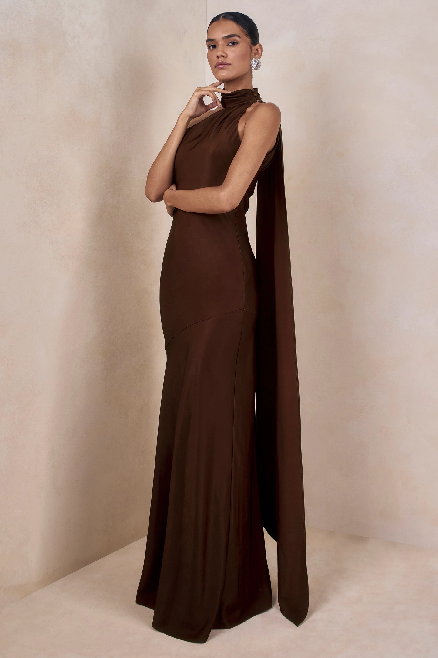 Cara Brown Matte Satin High-Neck Maxi Dress