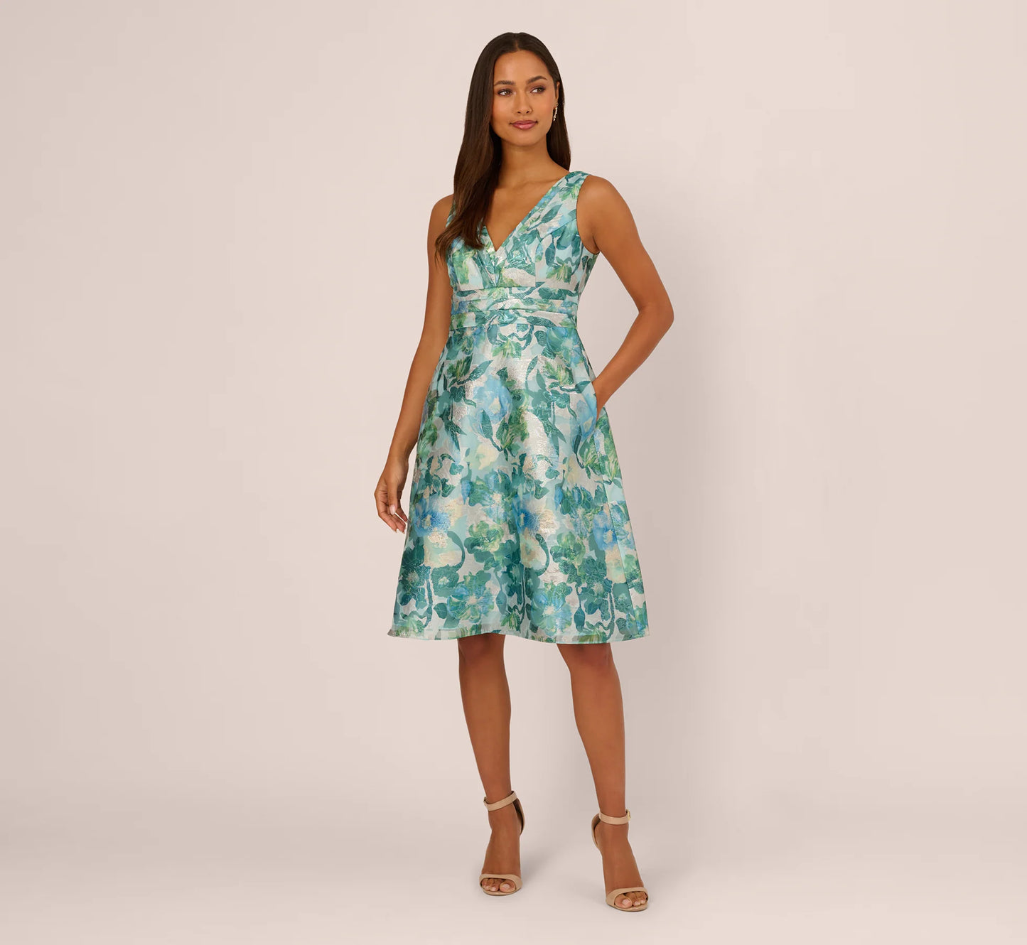 Metallic Floral Jacquard Midi Dress In Blue Multi