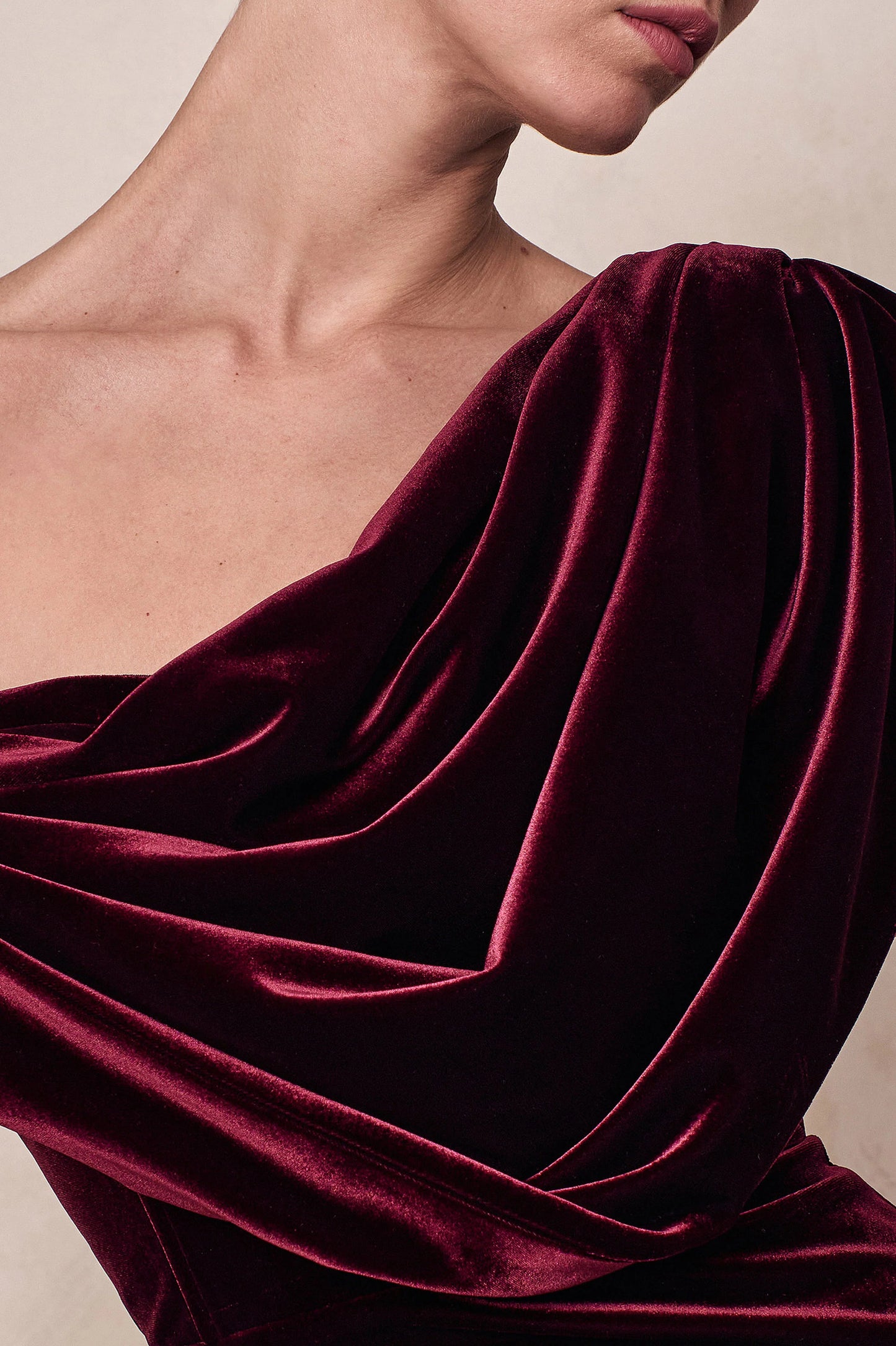 High End Burgundy Velvet Asymmetric-Neck Midi Dress With Draped Detailing