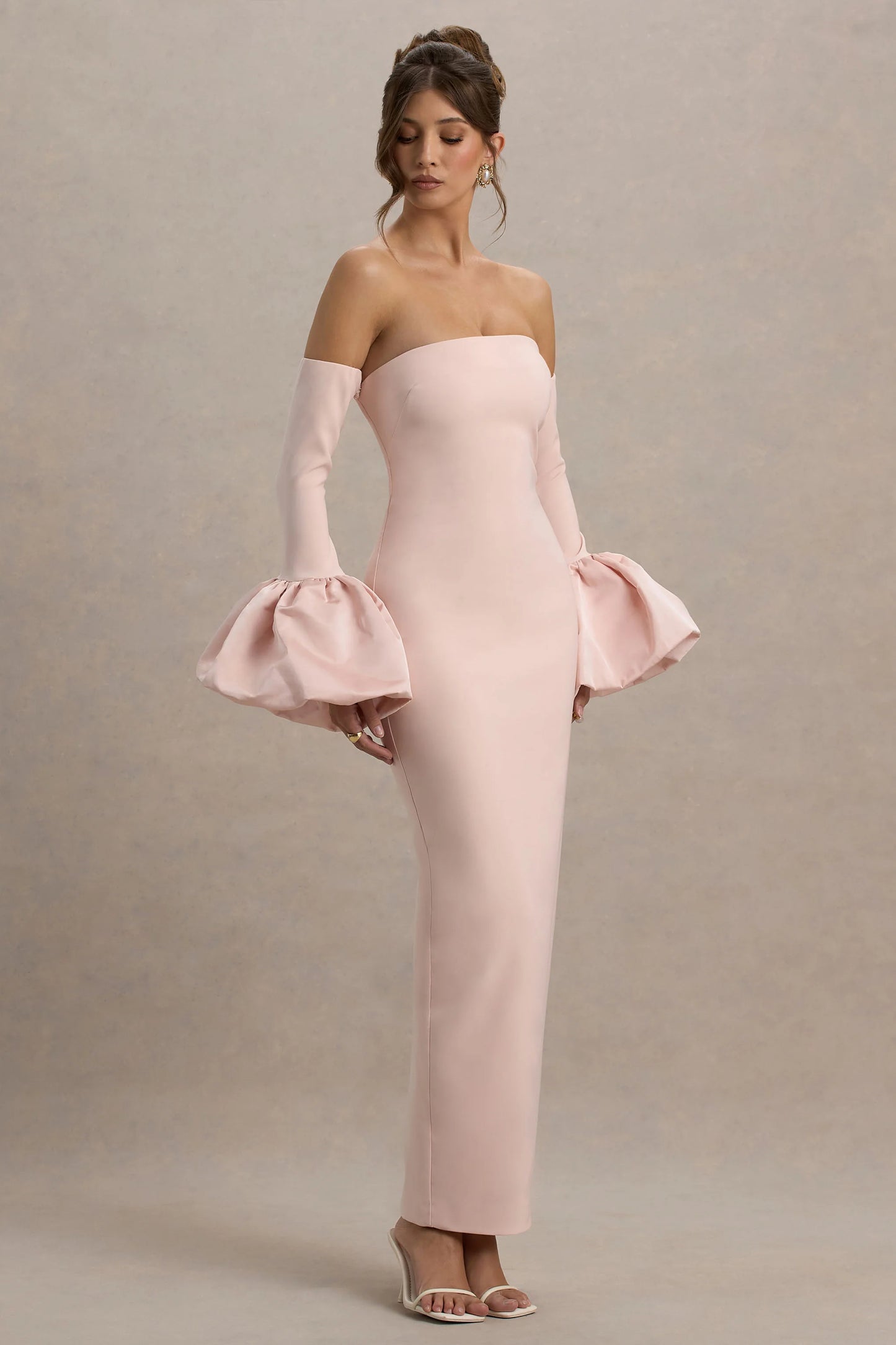Myah Pink Bandeau Long-Sleeve Maxi Dress With Puff Cuffs