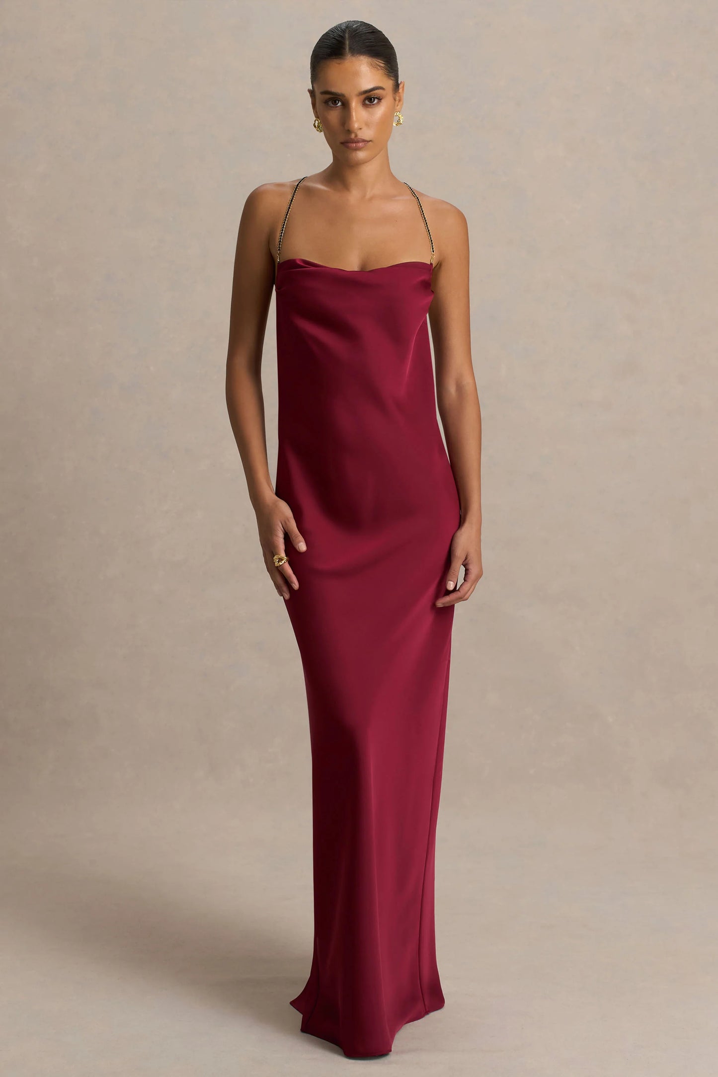 Cher Burgundy Satin Square-Neck Maxi Dress With Embellished-Detailed Open-Back