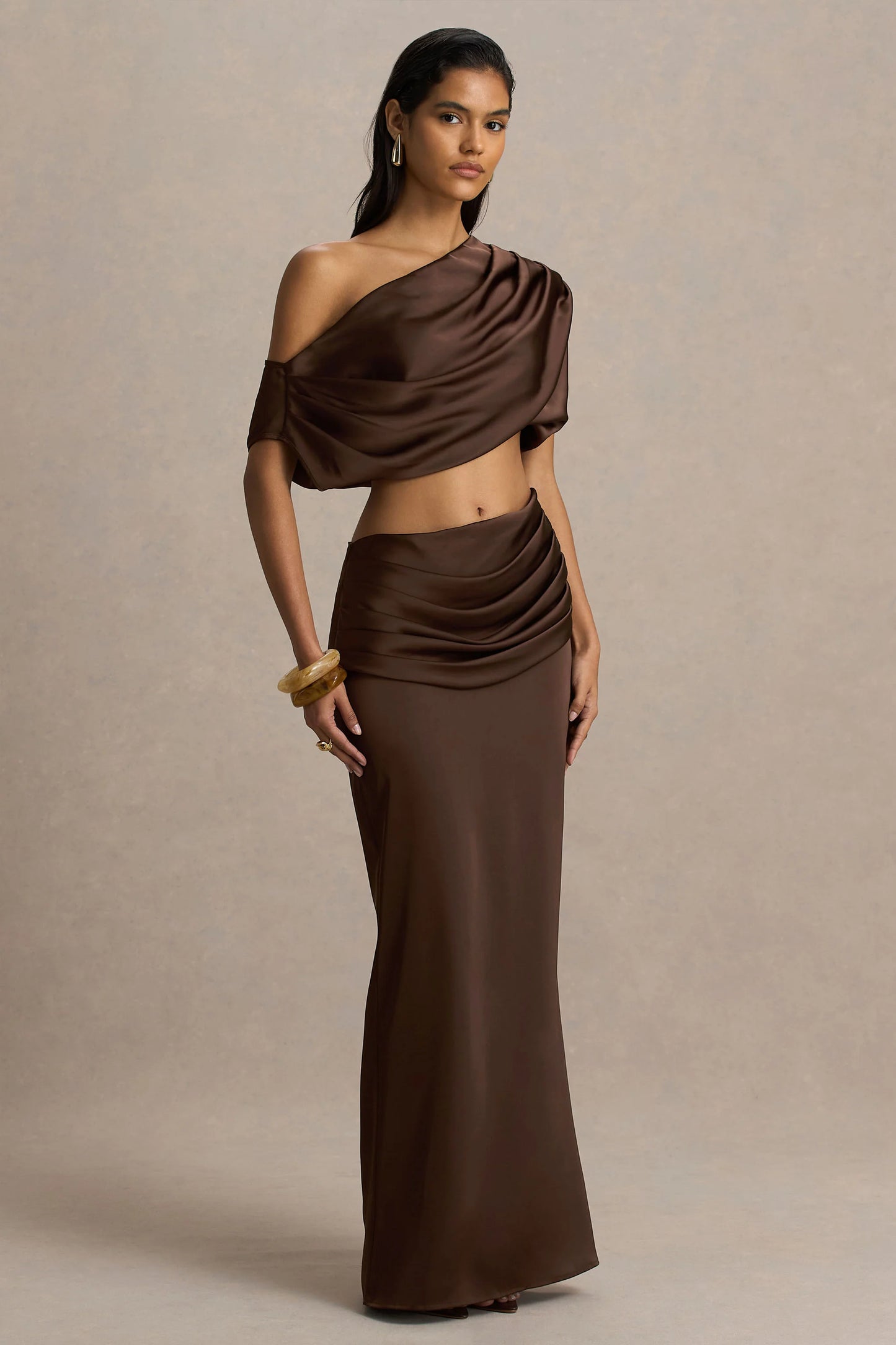 Megan Brown Satin Wrap Maxi-Skirt With Gathered Detailing