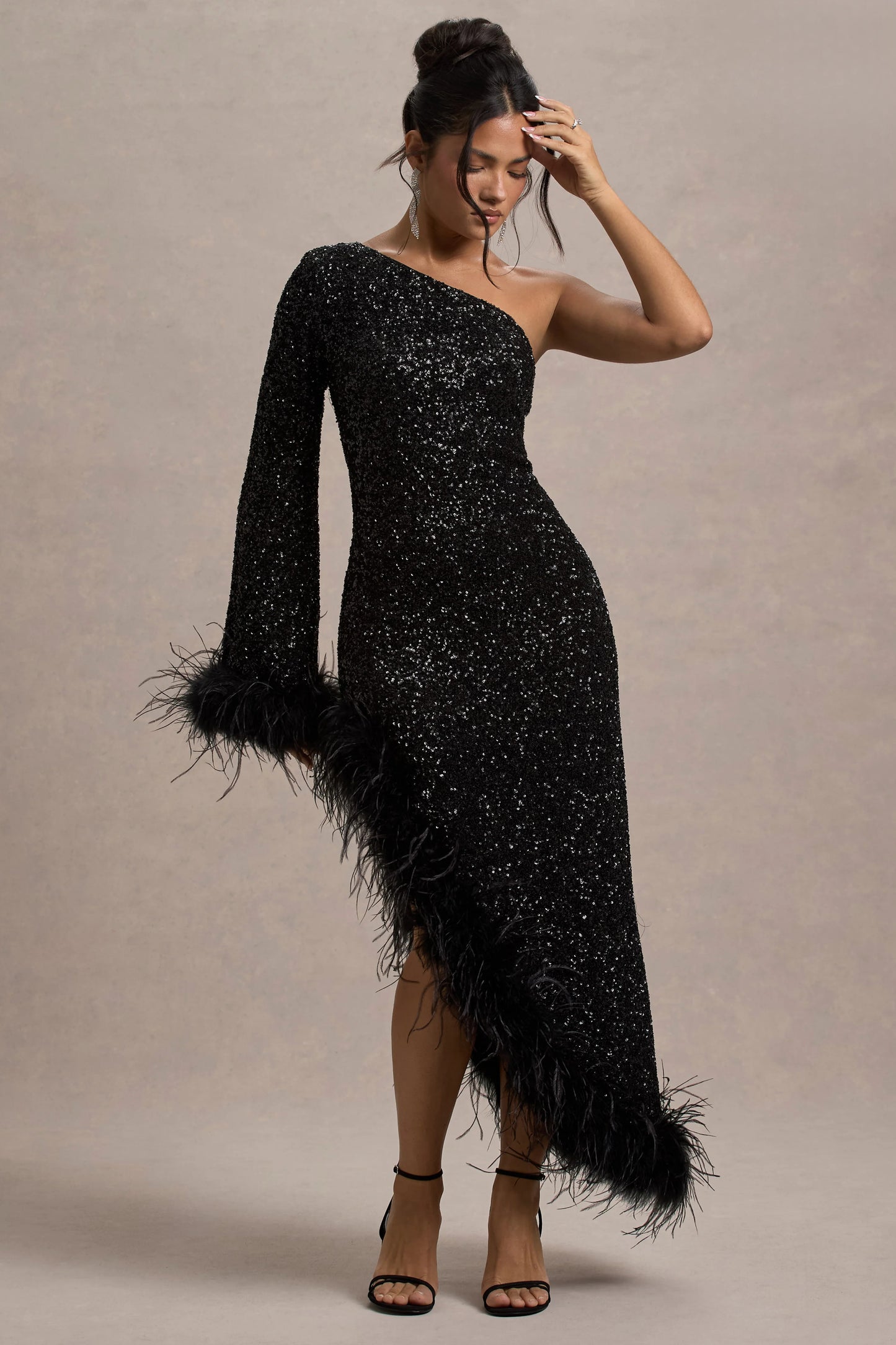 Shadow Black Sequin One-Shoulder Feather Trim Maxi Dress