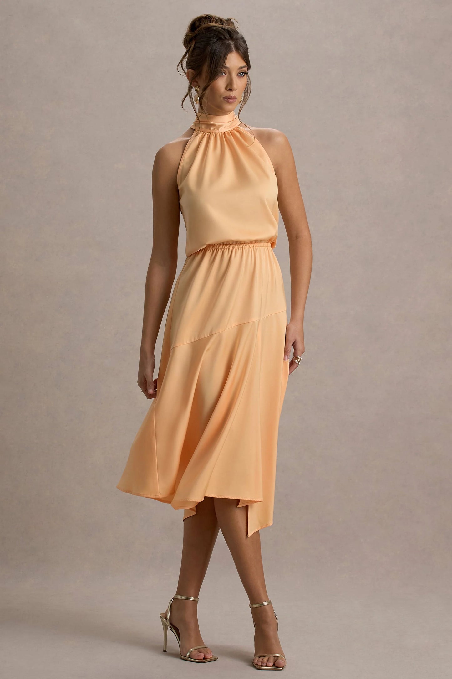 Palonia Peach Satin High-Neck Split Midi Dress