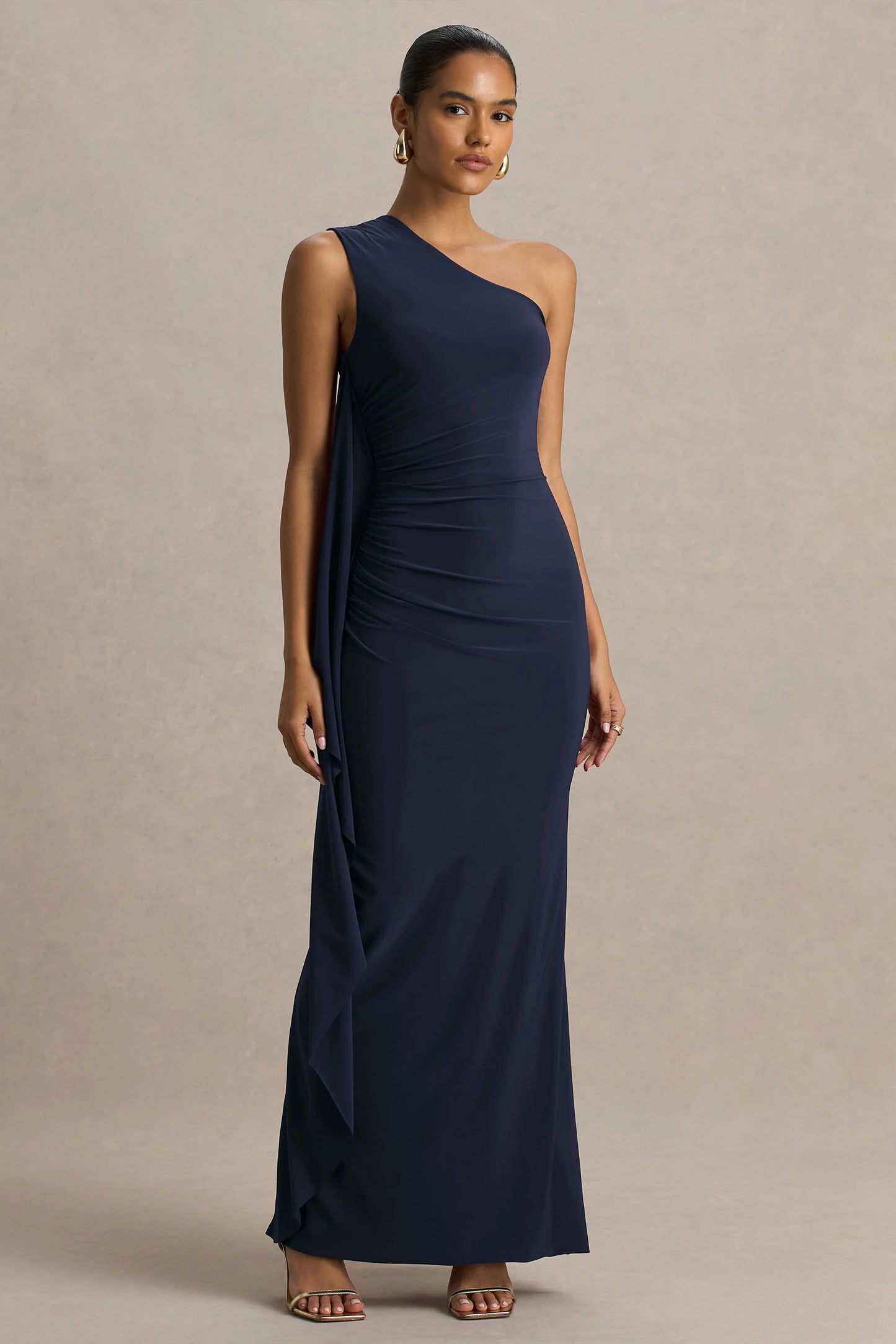 Adelina Navy One-Shoulder Maxi Dress With Drape