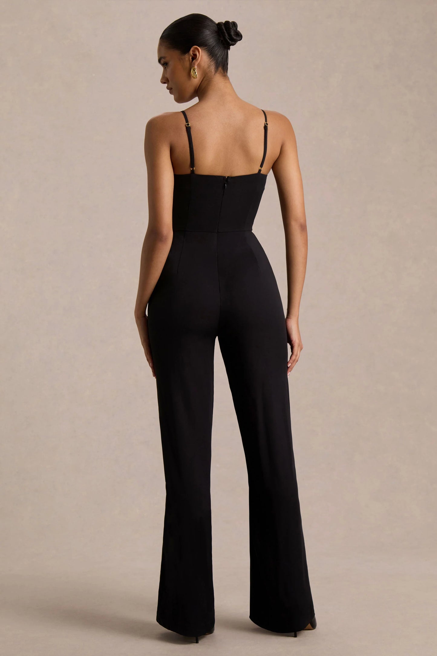 Raquel Black Asymmetric-Neck Jumpsuit With Twisted Cape Detail