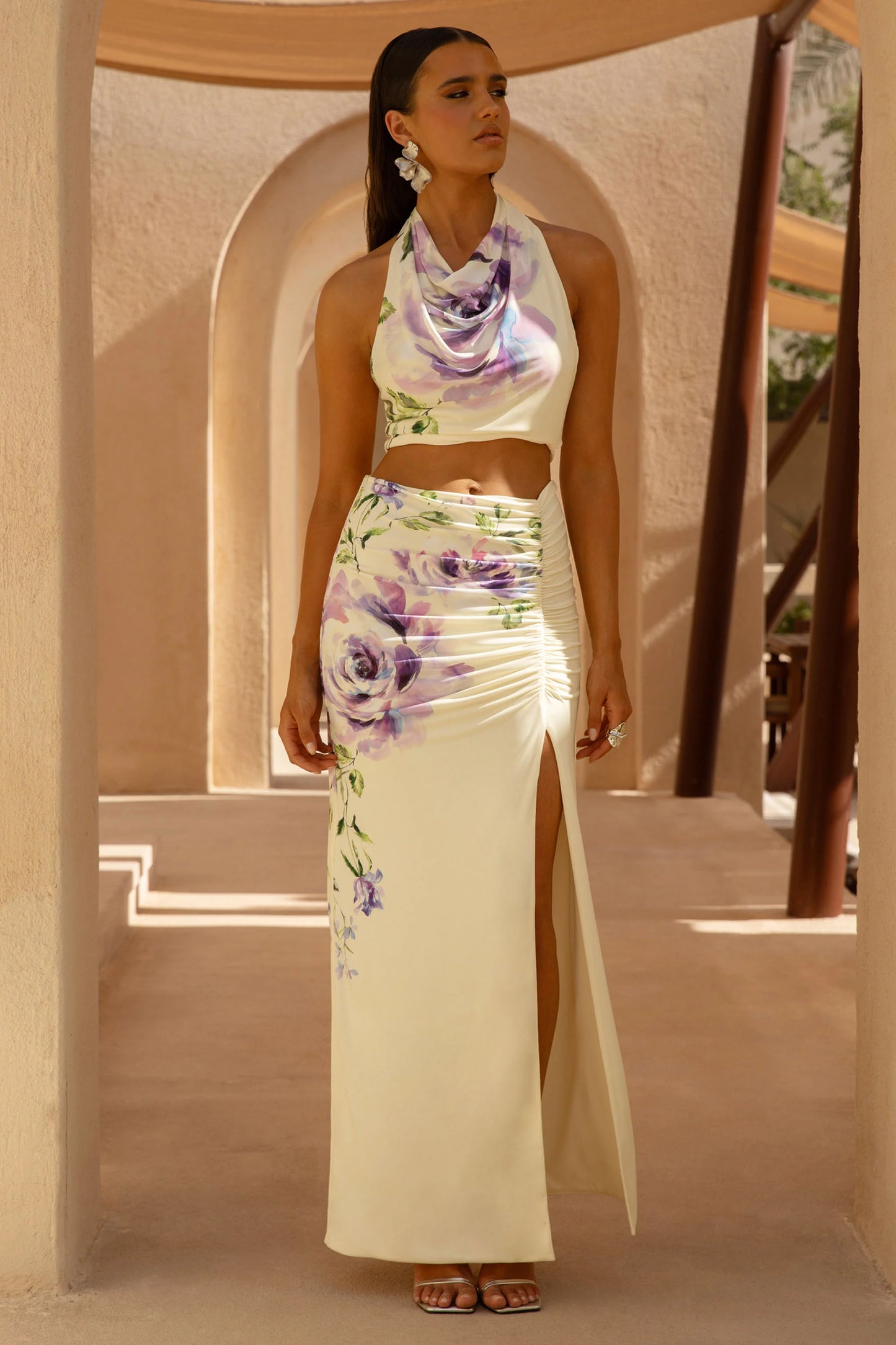 Stassi Lilac Floral Placement Print Ruched Split Maxi Skirt