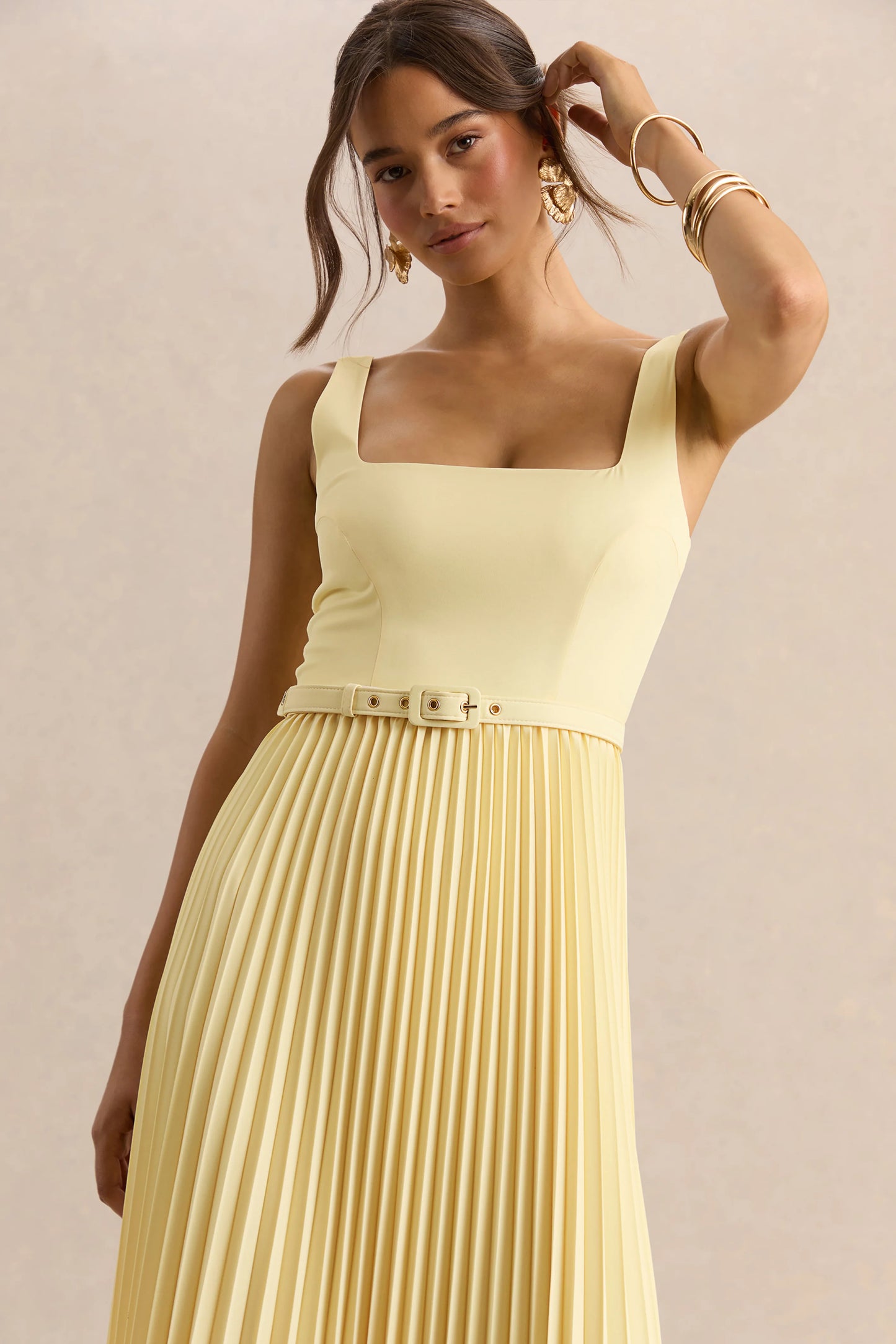 Danika Lemon Square-Neck Belted Maxi Dress With Pleated Skirt