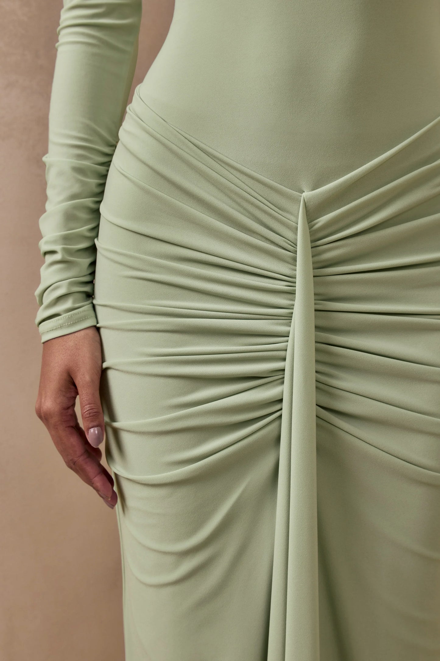 Matilda Light Green Boat-Neck Maxi Dress With Ruched Detailing