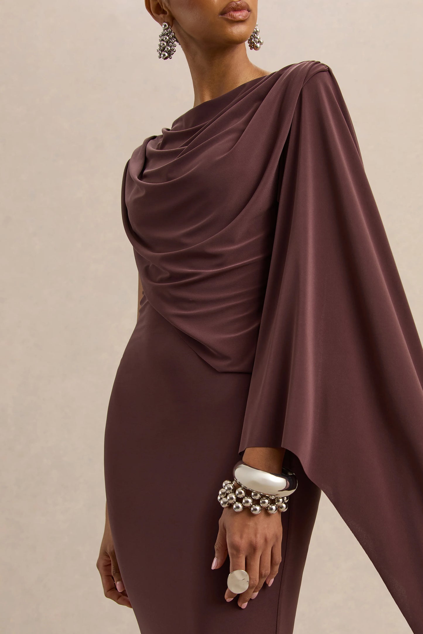 Kamoria Brown Round-Neck Midi Dress With Cape-Sleeve
