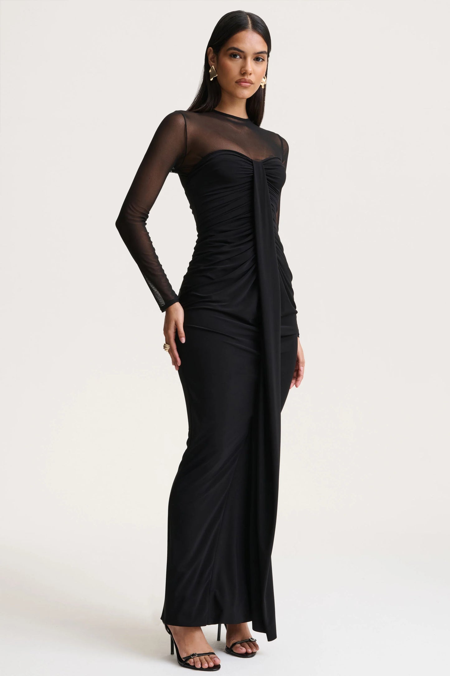 Cadenza Black Crew-Neck Maxi Dress With Mesh And Gathered-Detailing