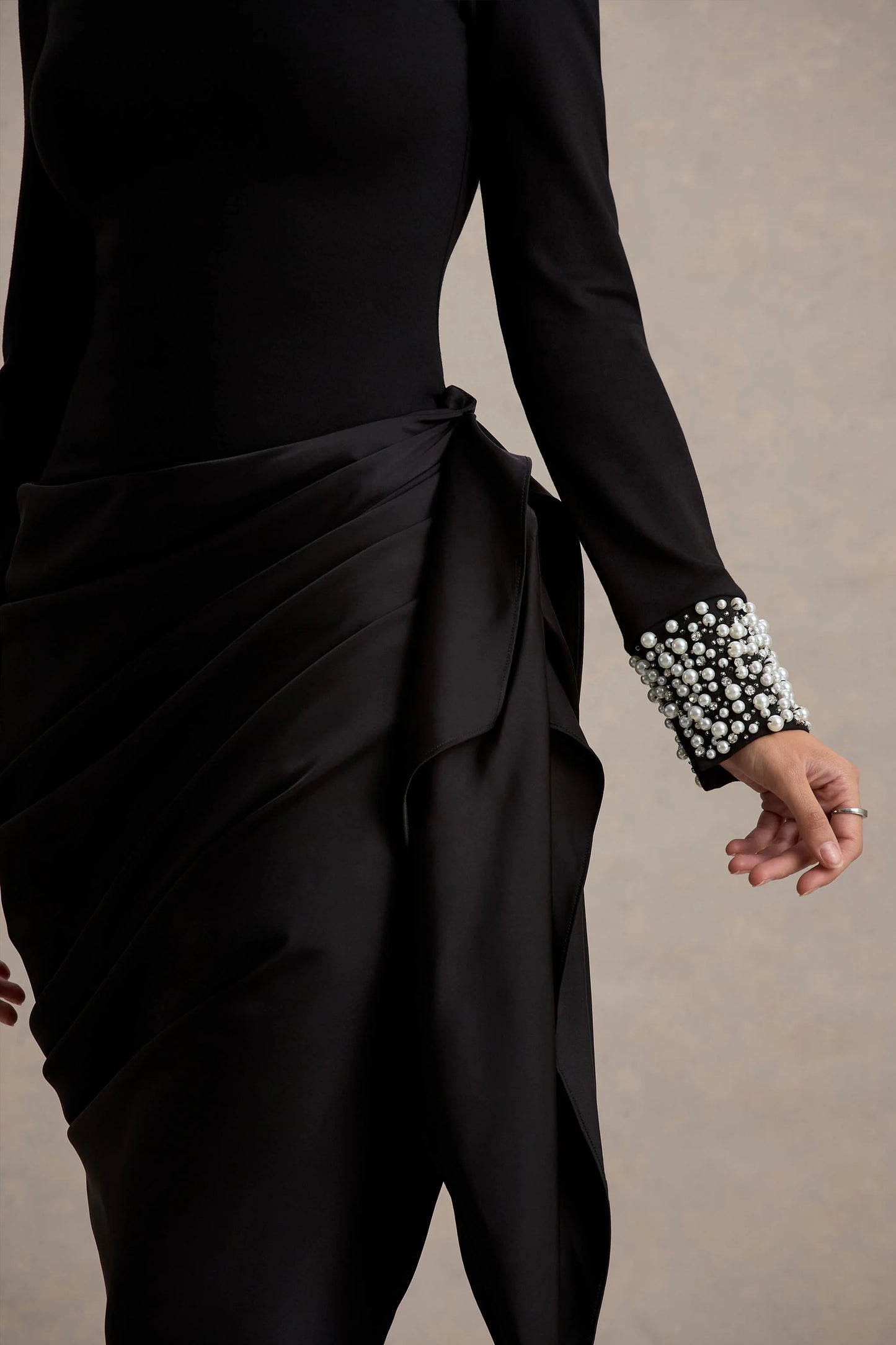 Luanna Black Satin Long-Sleeve Midi Dress With Draped Skirt And Embellised Cuffs