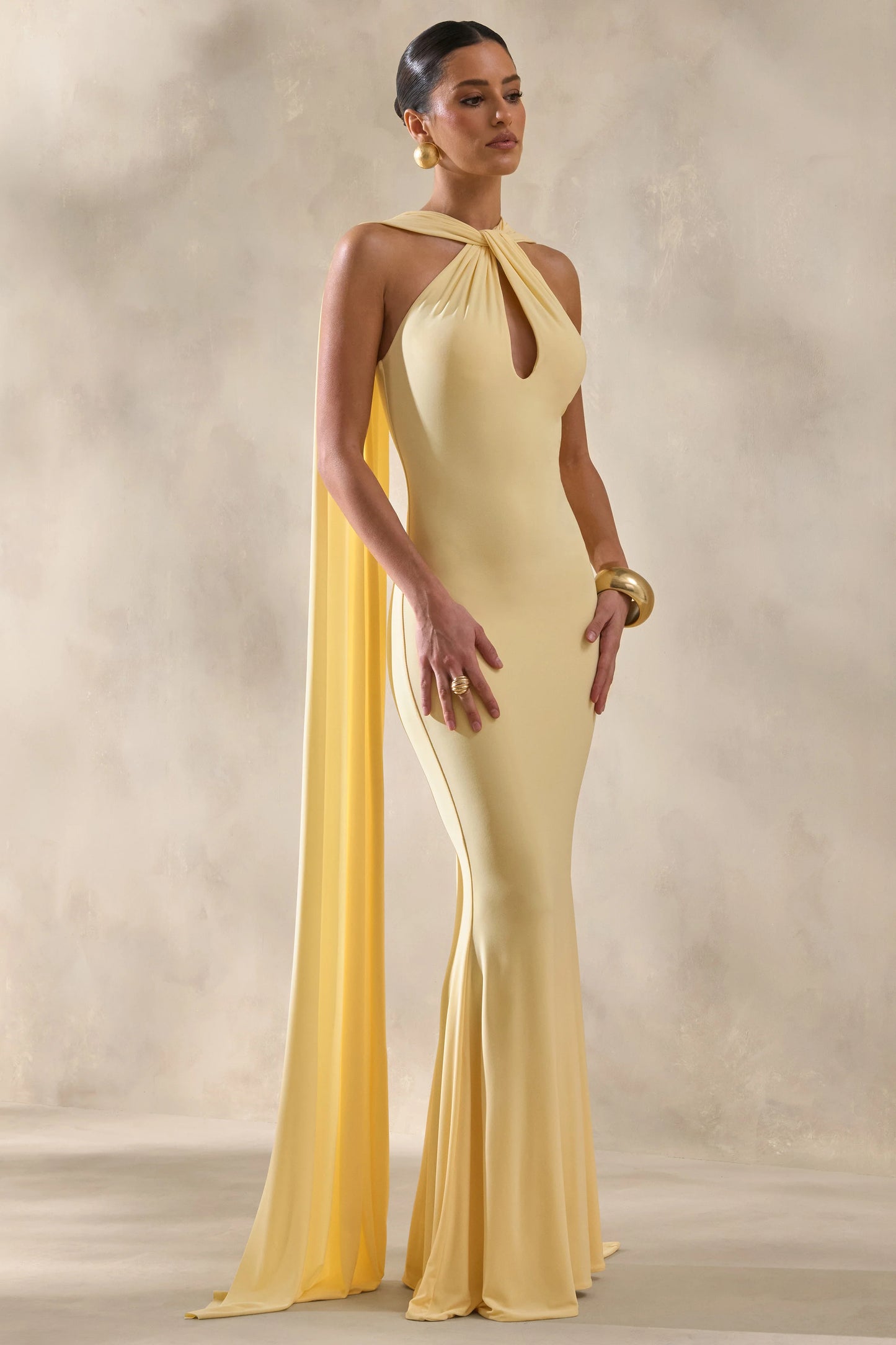 Rhoda Lemon Twist Halter-Neck Cape Maxi Dress