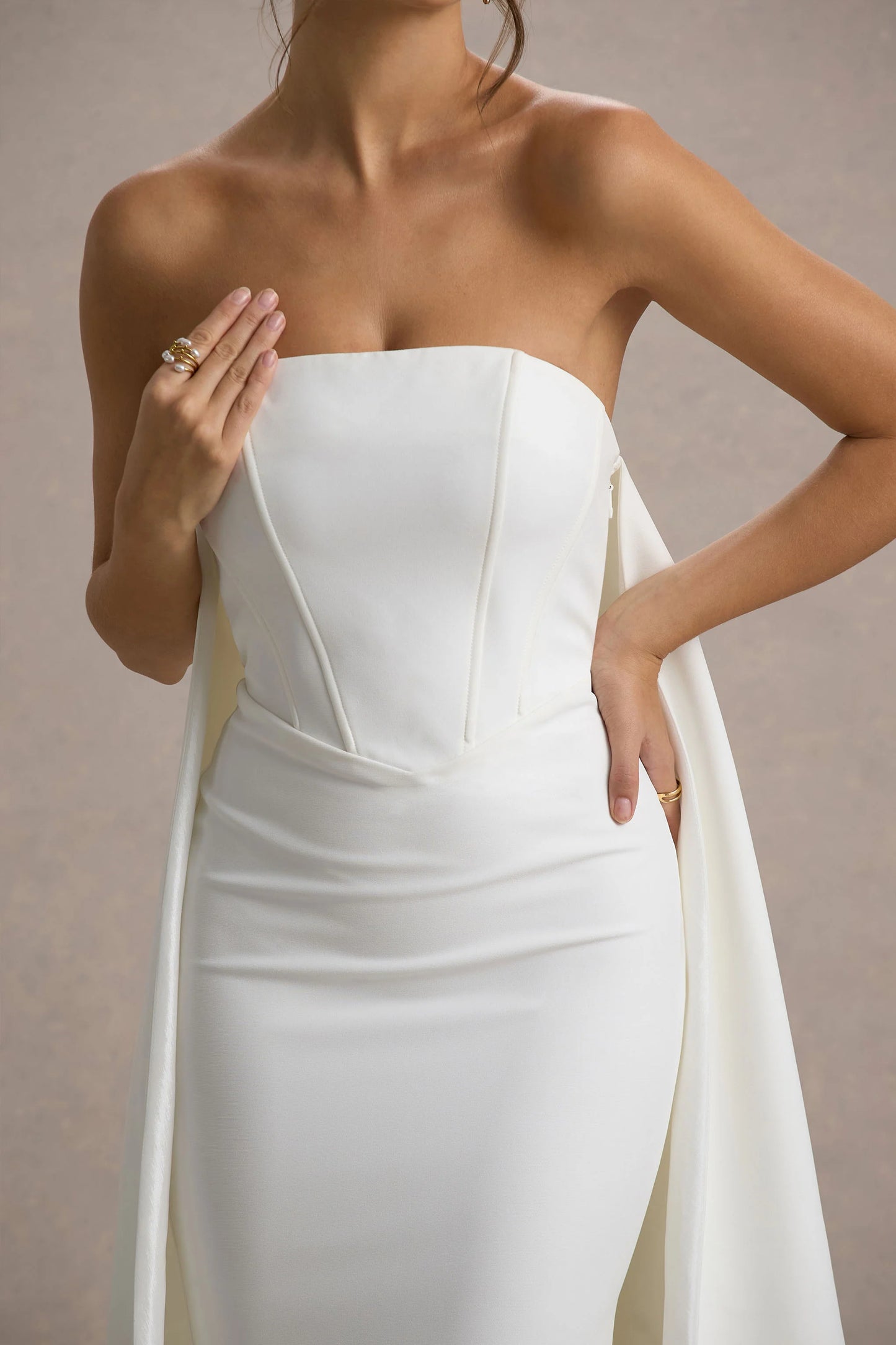 She's Trouble White Bandeau Maxi Dress With Cape