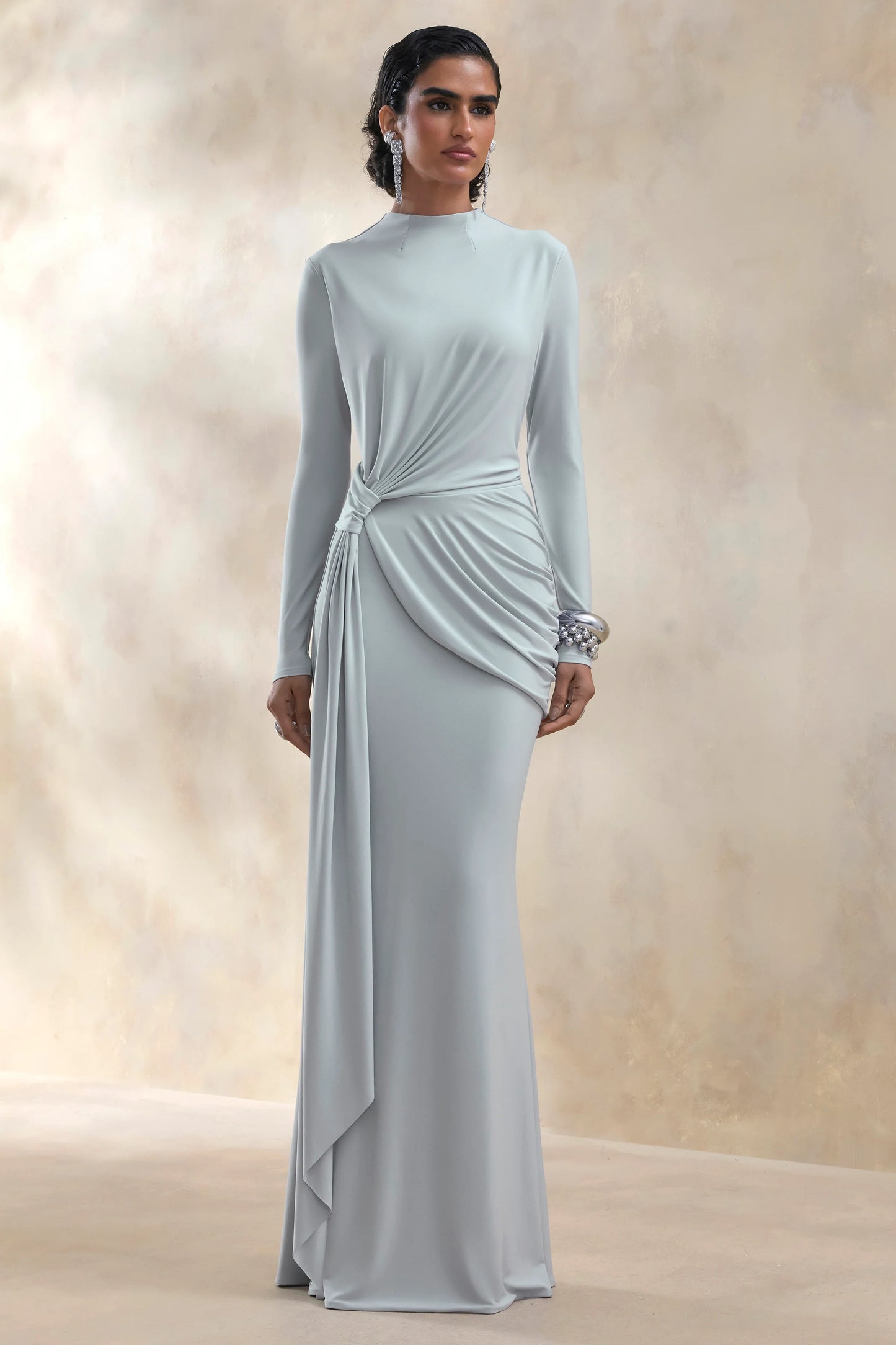 Kyrissa Blue High-Neck Maxi Dress With Gathered-Detailing