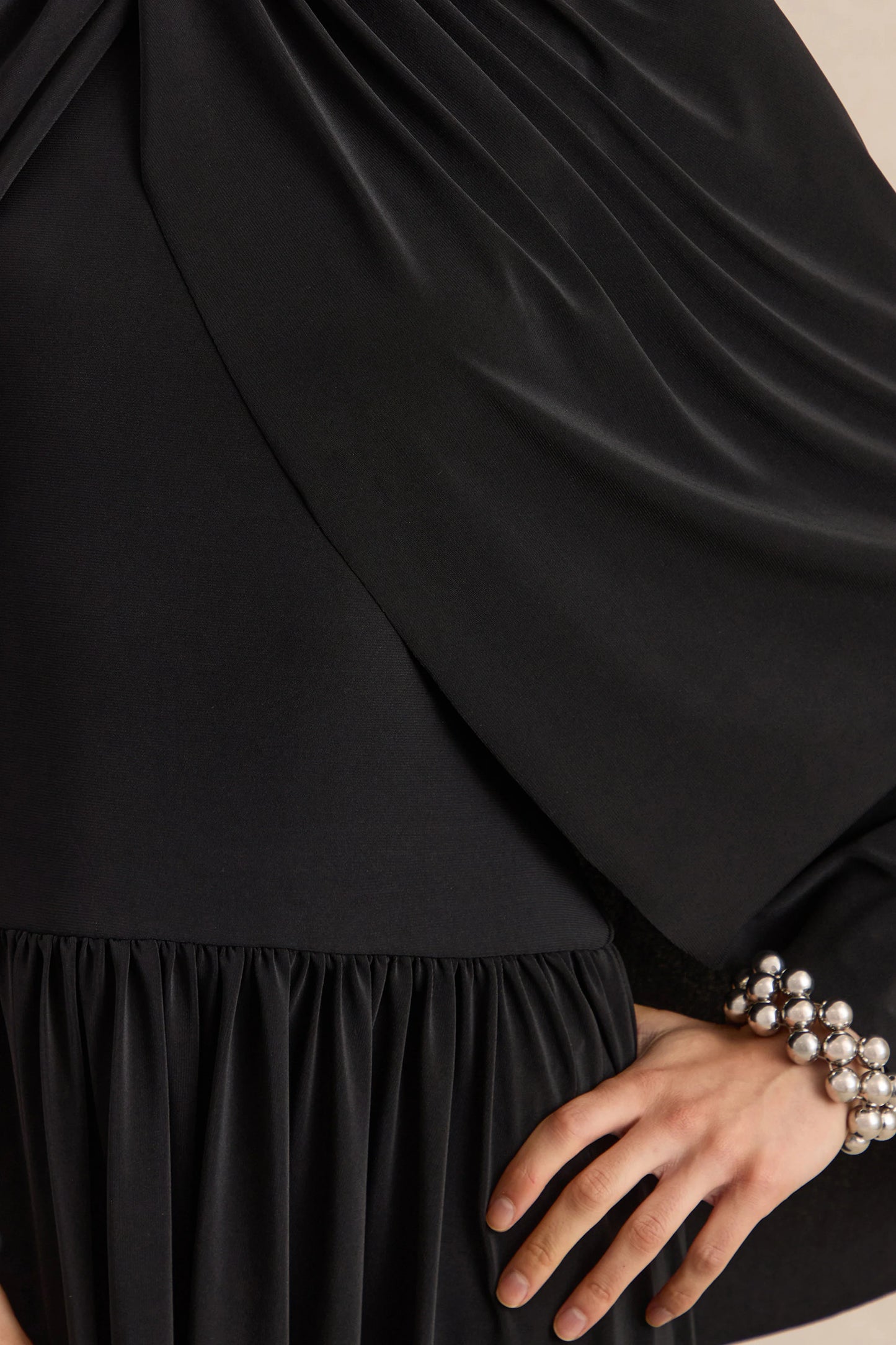 Honora Black High-Neck Midi Dress With Cape-Sleeves
