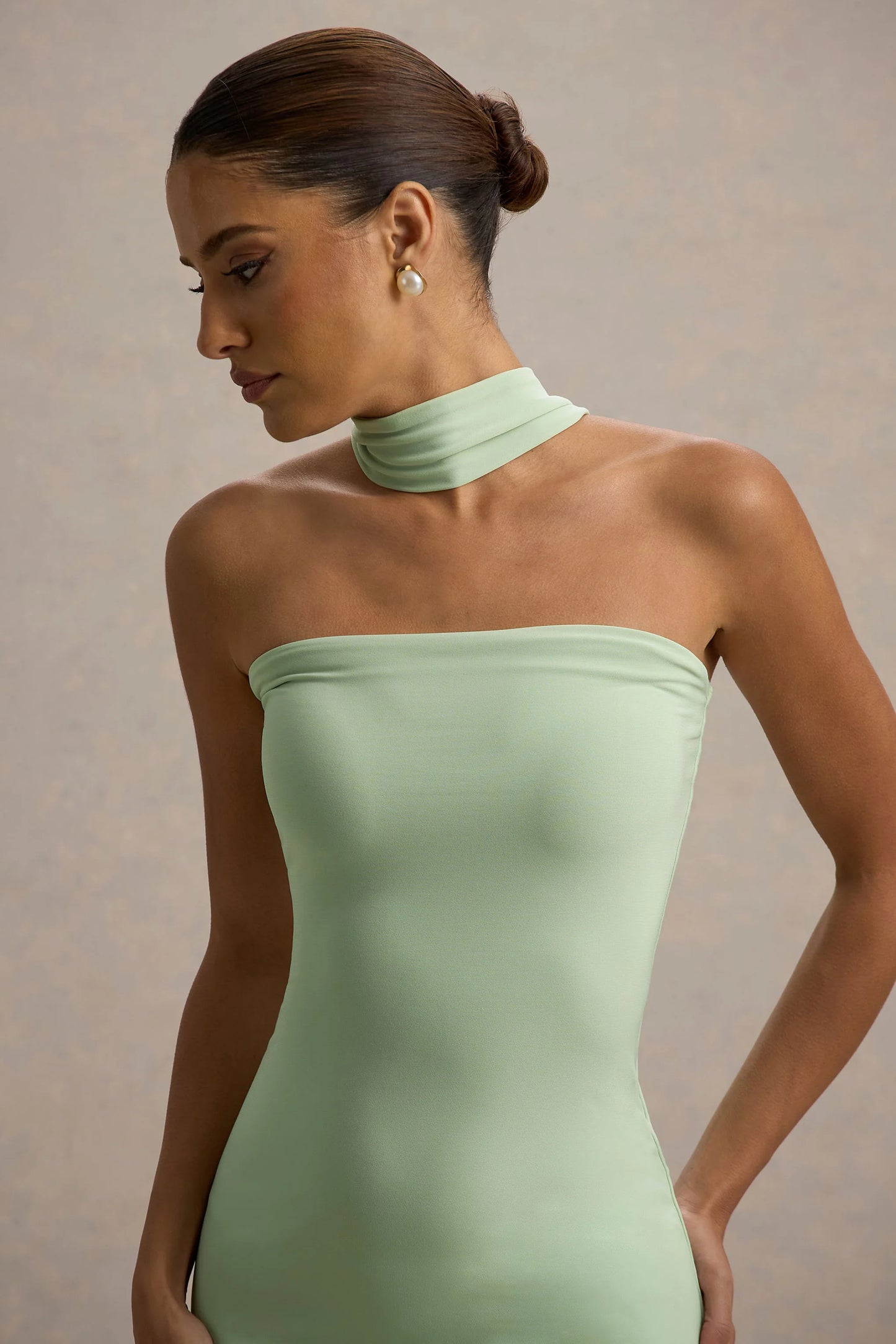 Nobu Light Green Bandeau Maxi Dress With Halter-Collar