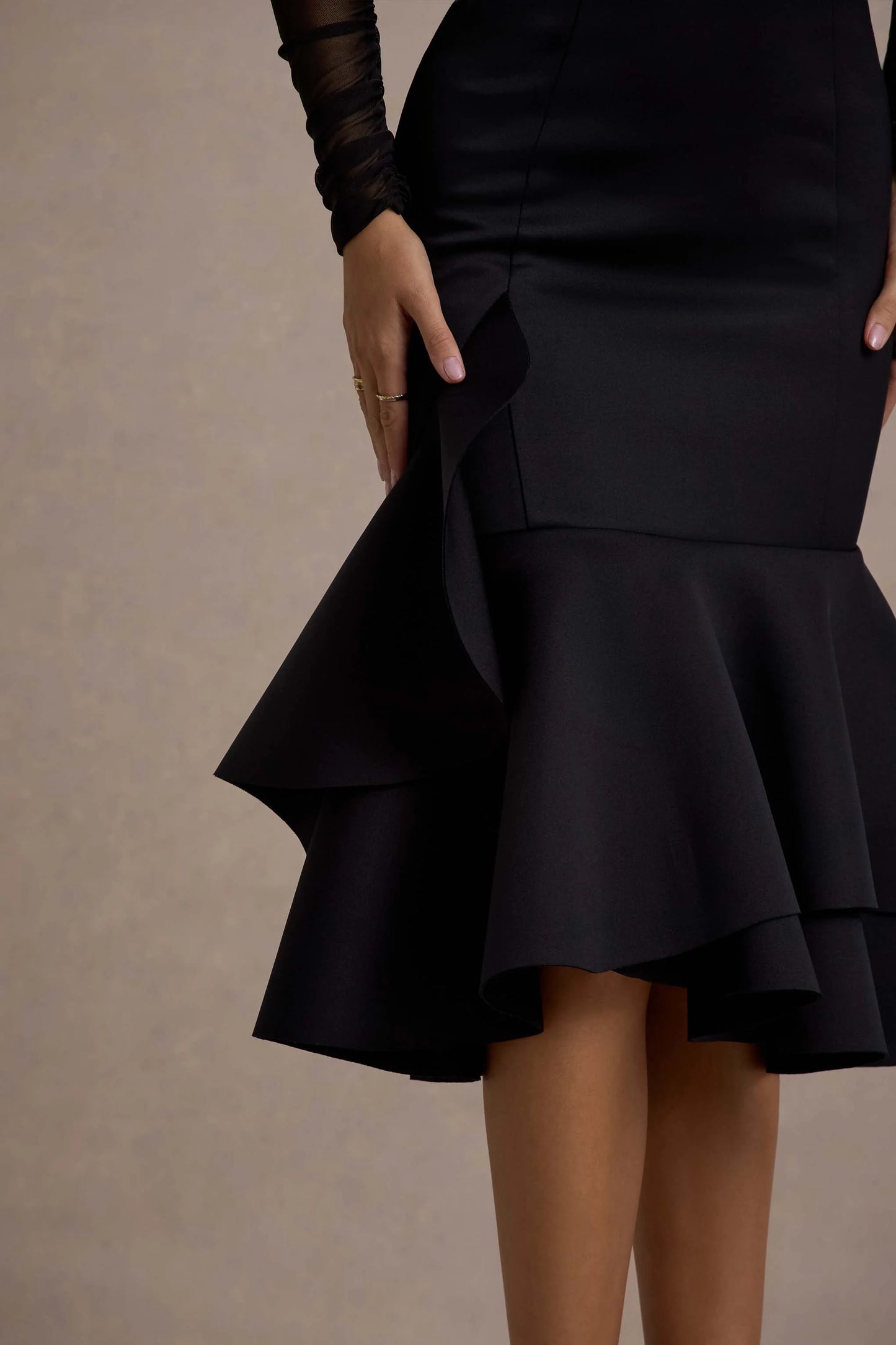 Sander Black Mesh Long-Sleeve Ruffle-Hem Midi Dress